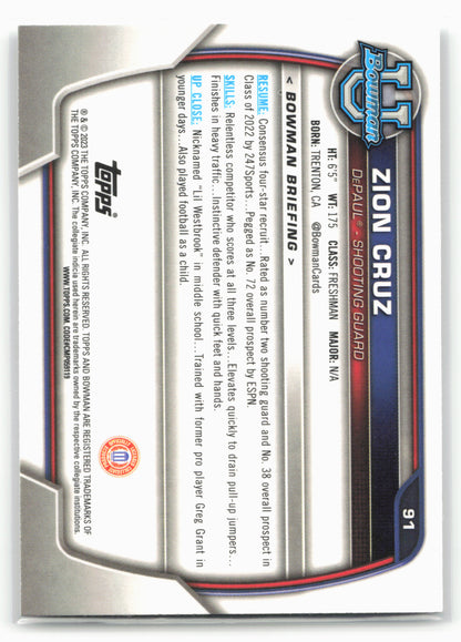 2022-23 Bowman University Chrome #91 Zion Cruz