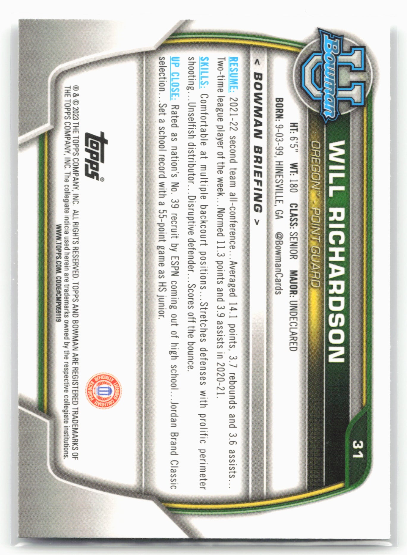 2022-23 Bowman University Chrome #31 Will Richardson