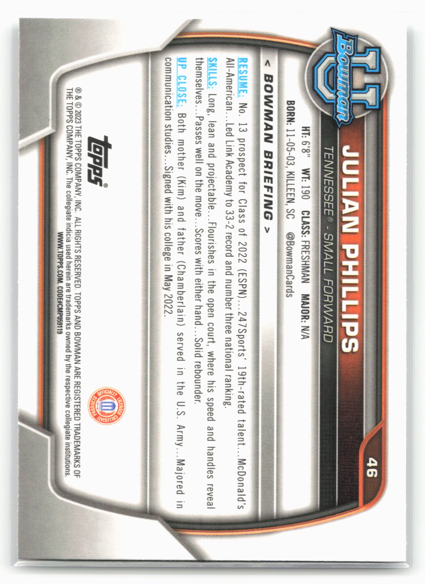 2022-23 Bowman University Chrome #46 Julian Phillips