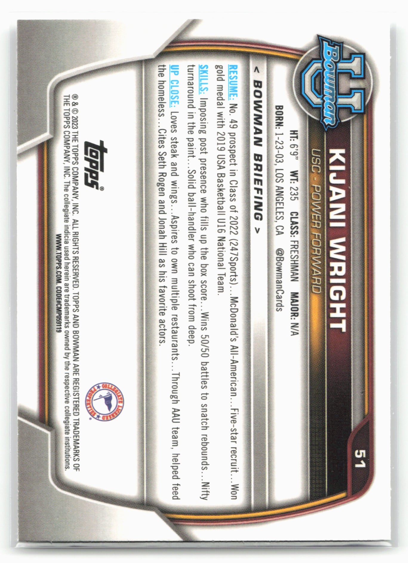 2022-23 Bowman University Chrome #51 Kijani Wright
