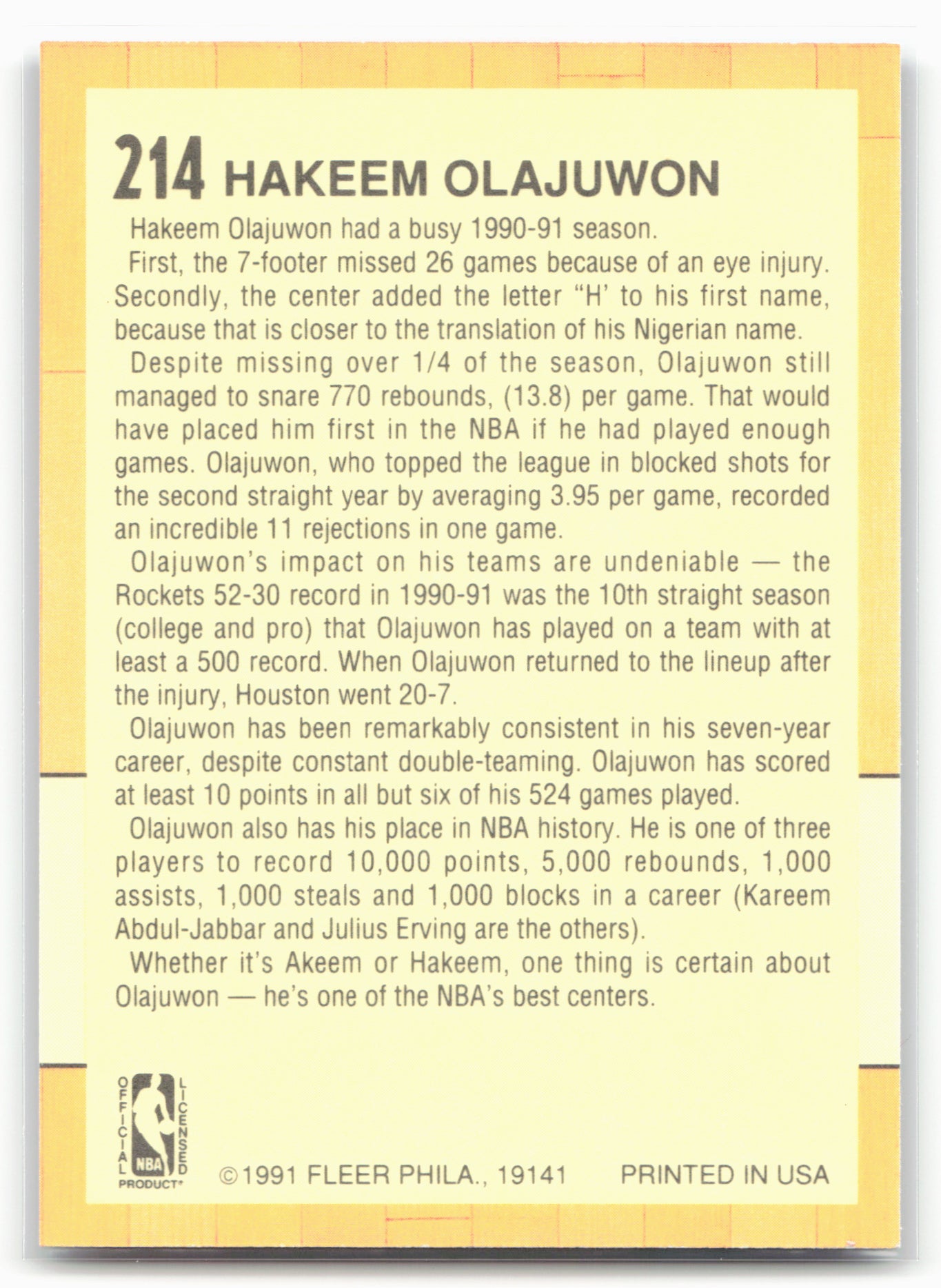 1991-92 Fleer #214 Hakeem Olajuwon