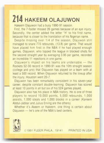 1991-92 Fleer #214 Hakeem Olajuwon