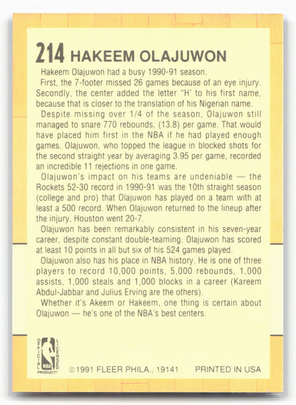 1991-92 Fleer #214 Hakeem Olajuwon