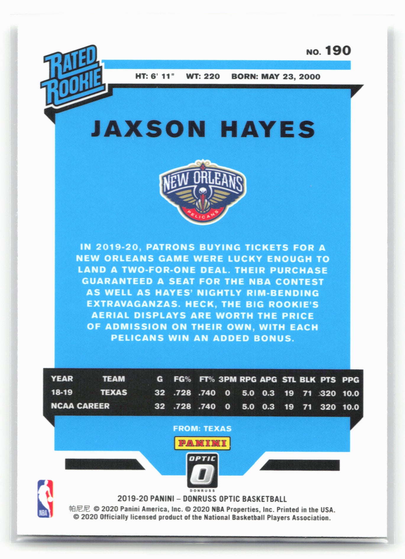 2019-20 Donruss Optic #190 Jaxson Hayes