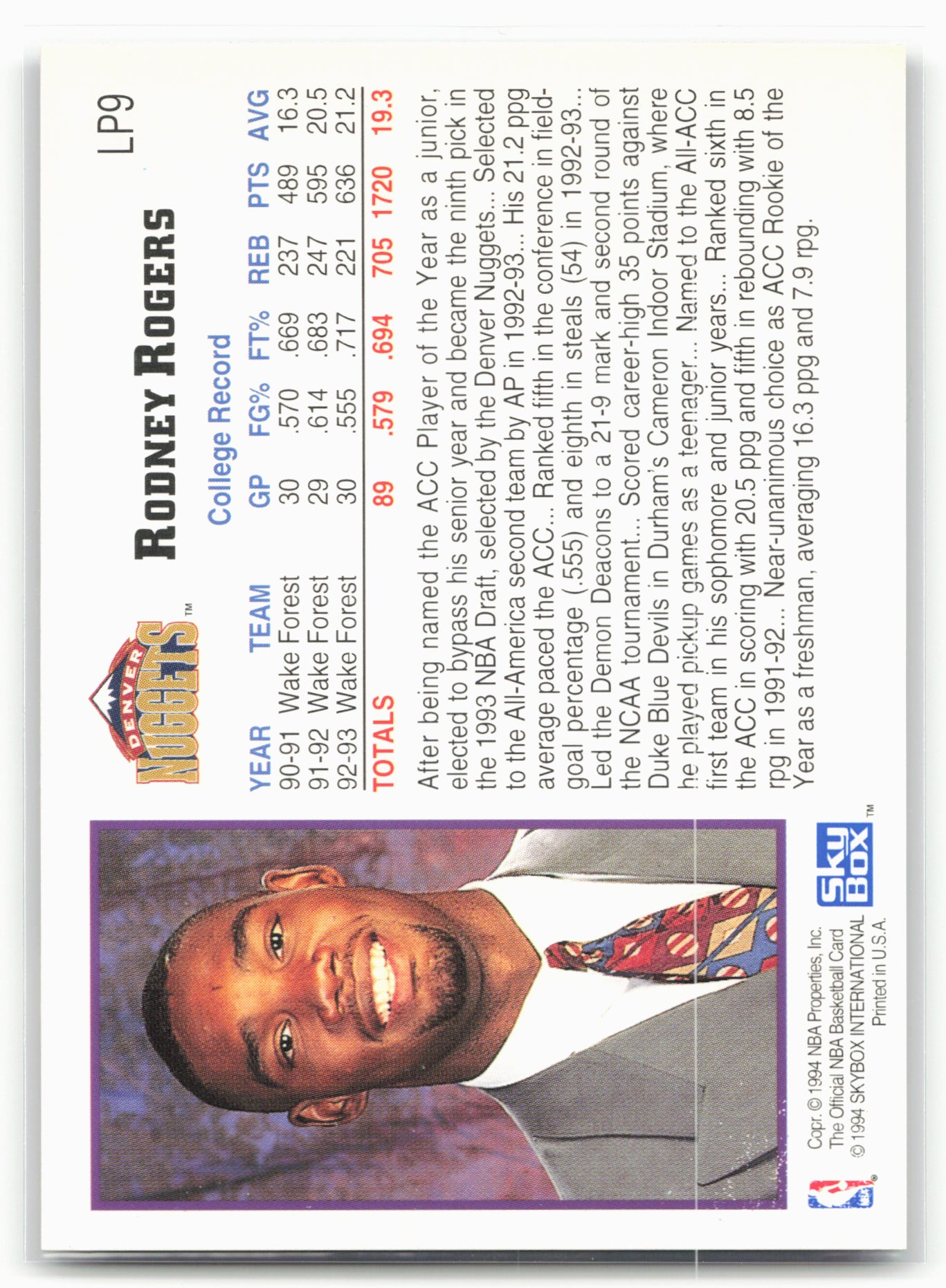 1993-94 Hoops #LP9 Rodney Rogers 1993 NBA Draft Lottery Pick Exchange