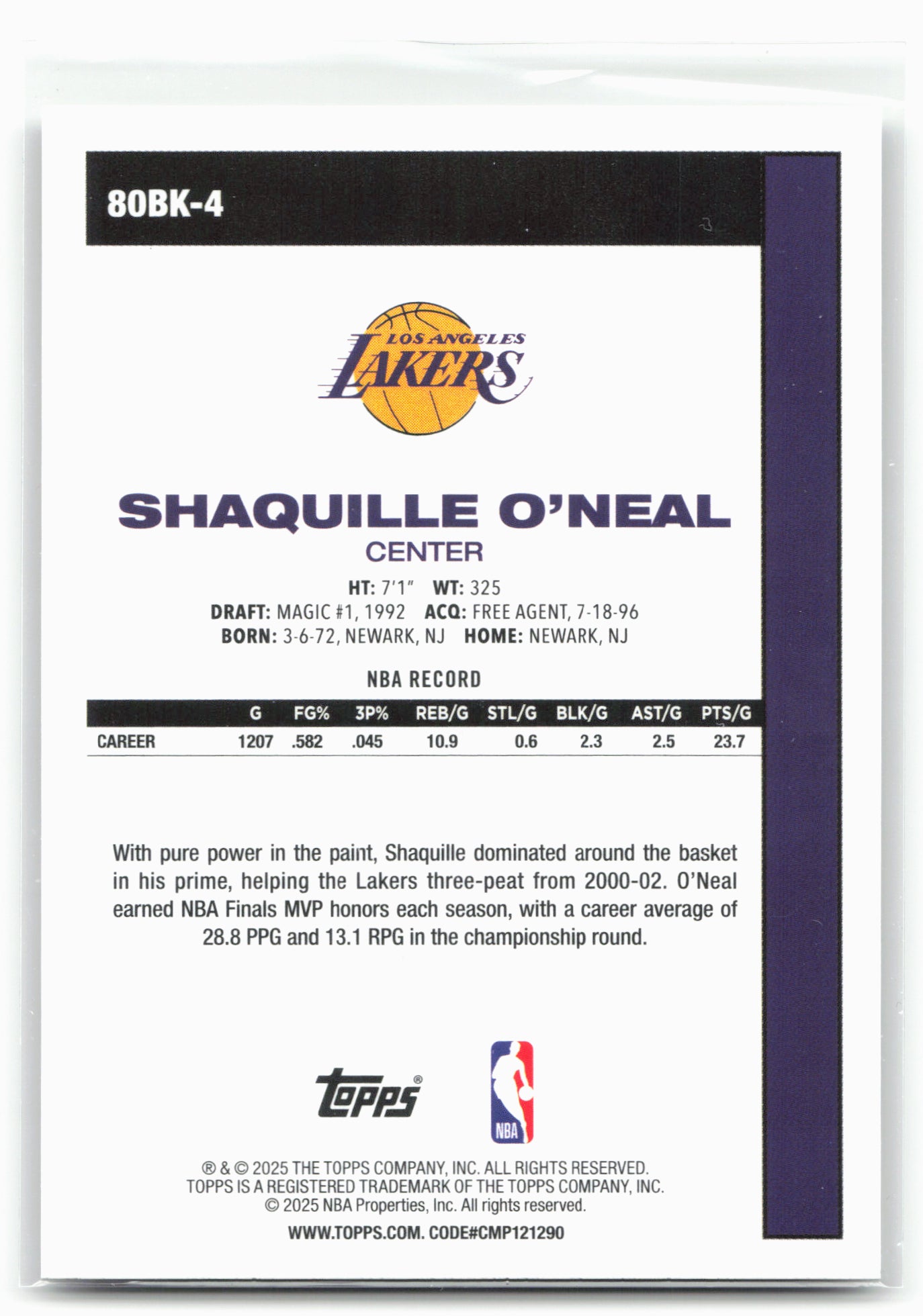 2025-26 Topps #80BK-4 Shaquille O'Neal 1980-81 Topps Basketball 26255