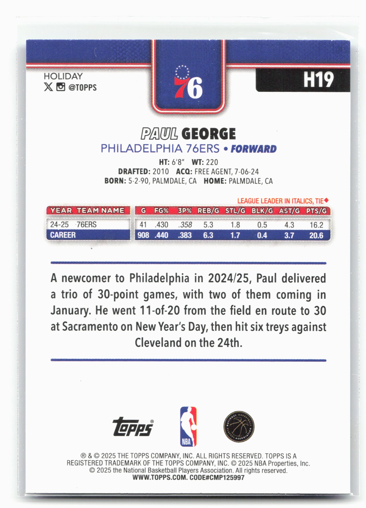 2025-26 Topps Holiday #H19 Paul George Blue Metallic Glitter Holiday 26261