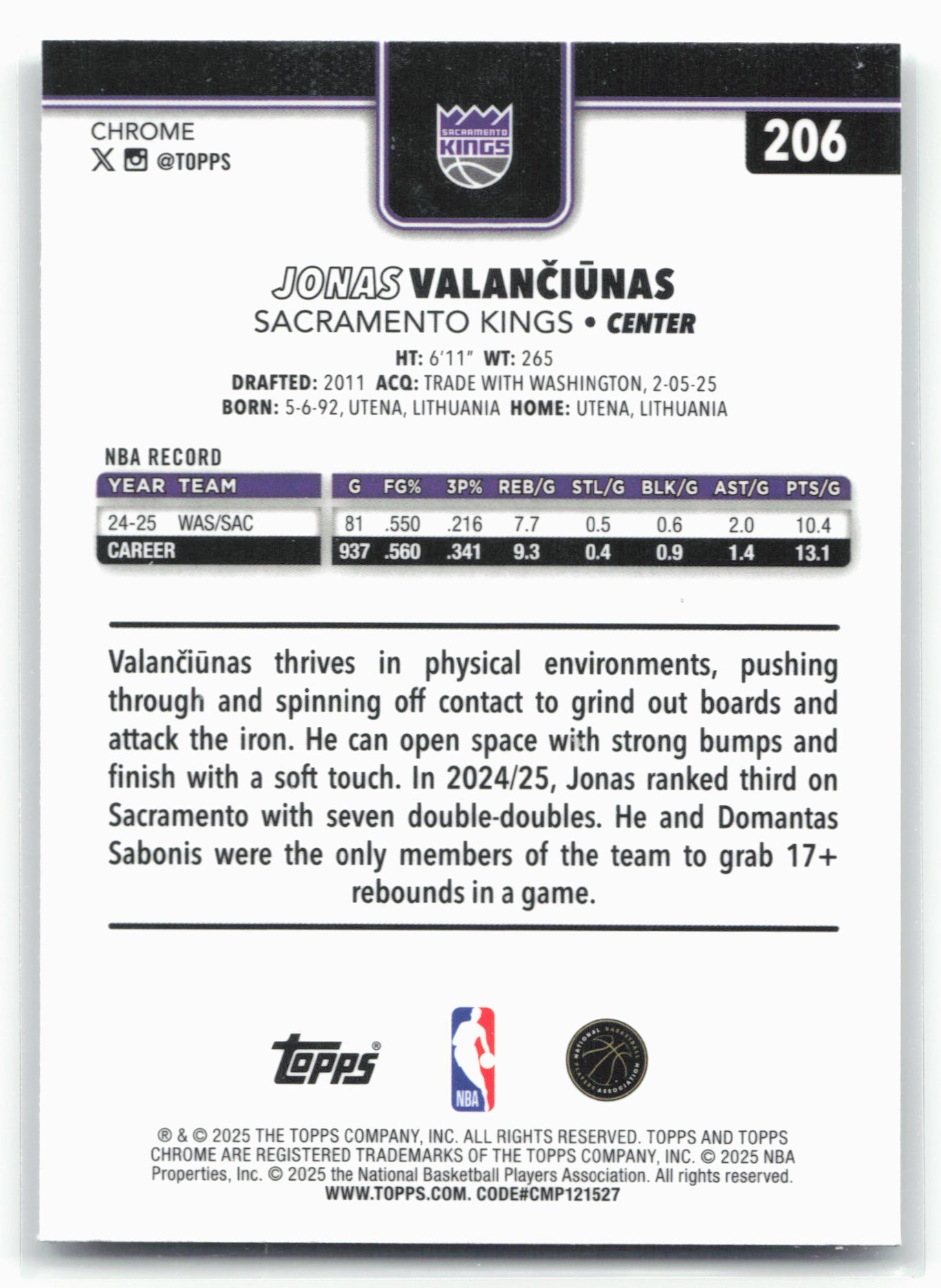 2025-26 Topps Chrome #206 Jonas Valančiūnas X-Fractor