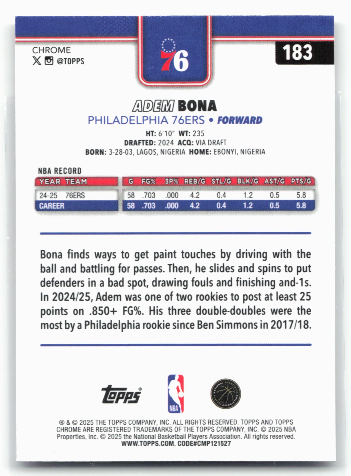 2025-26 Topps Chrome #183 Adem Bona X-Fractor