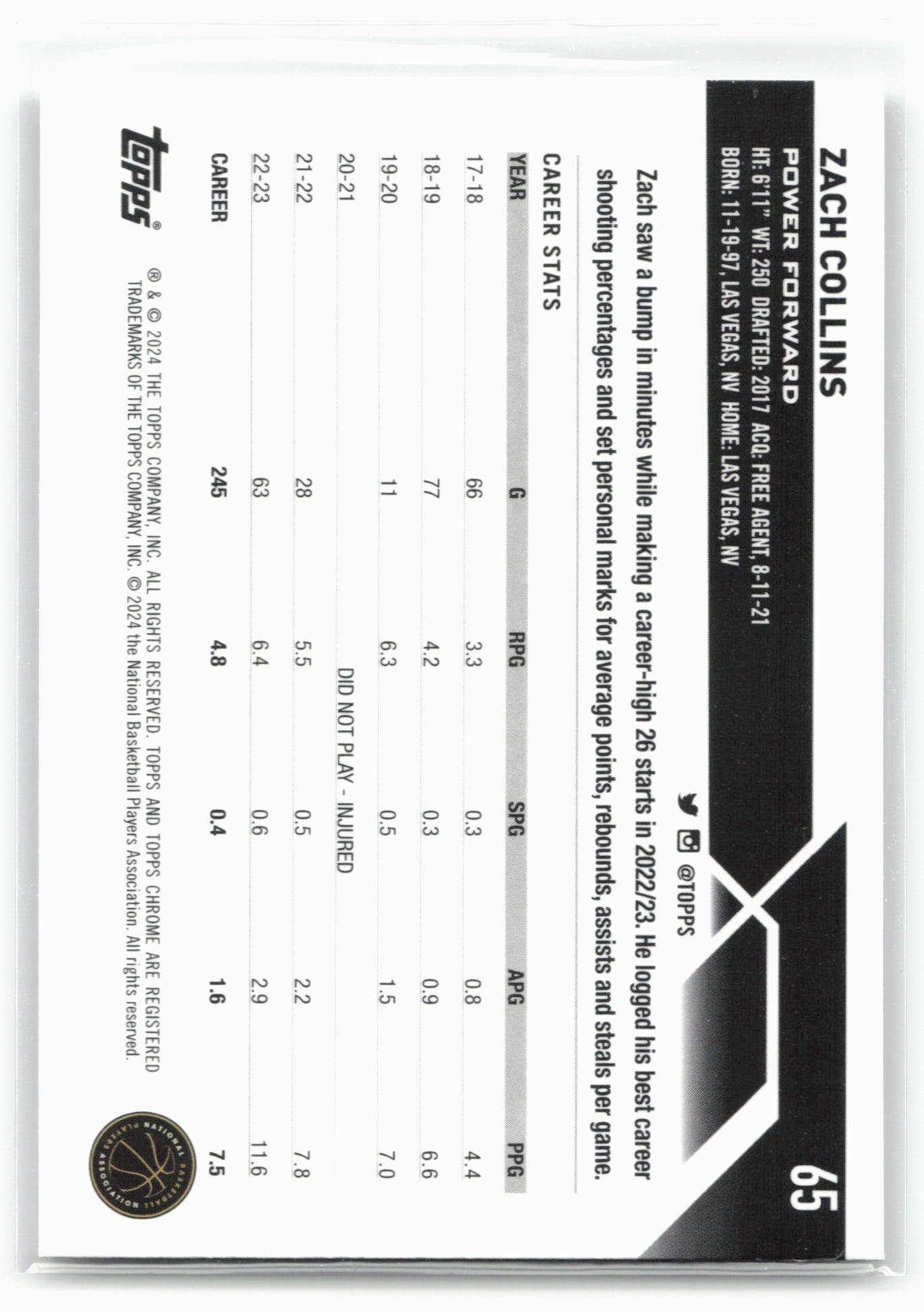 2023-24 Topps Chrome #65 Zach Collins Prism Refractors