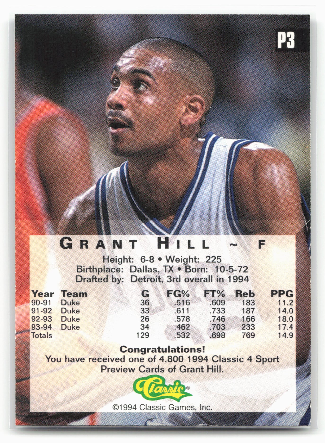 1994-95 Classic #P3 Grant Hill 4 Sport Preview