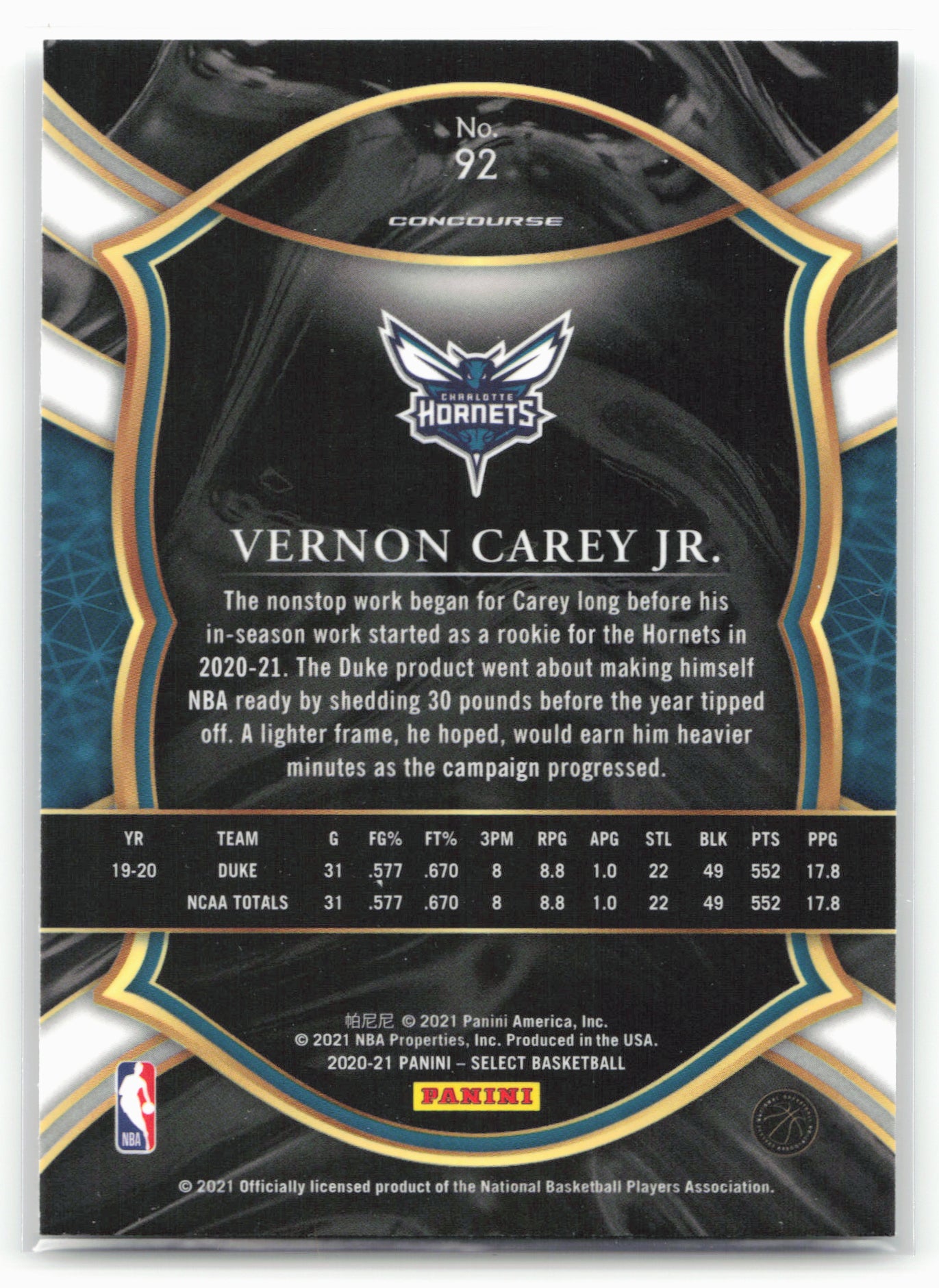 2020-21 Panini Select #92 Vernon Carey Jr.