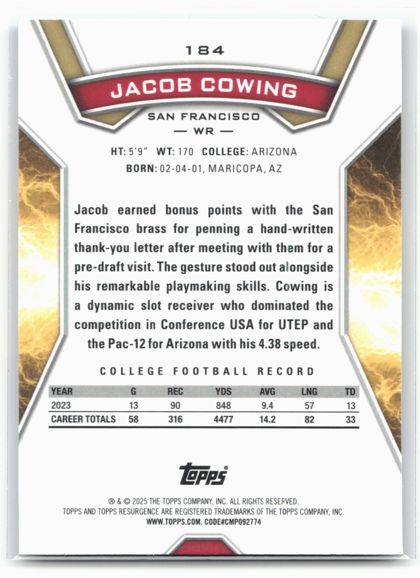 2024 Topps Resurgence #184 Jacob Cowing Blue and Orange Spark