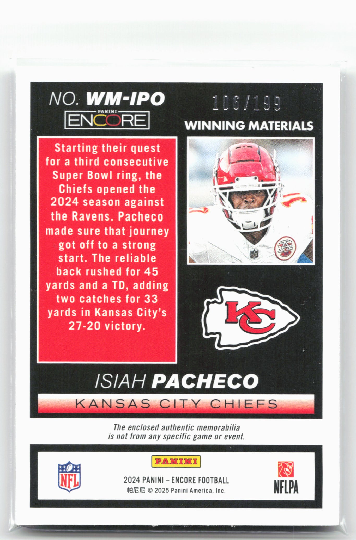 2024 Panini Encore #WM-IPO Isiah Pacheco Winning Materials #/199