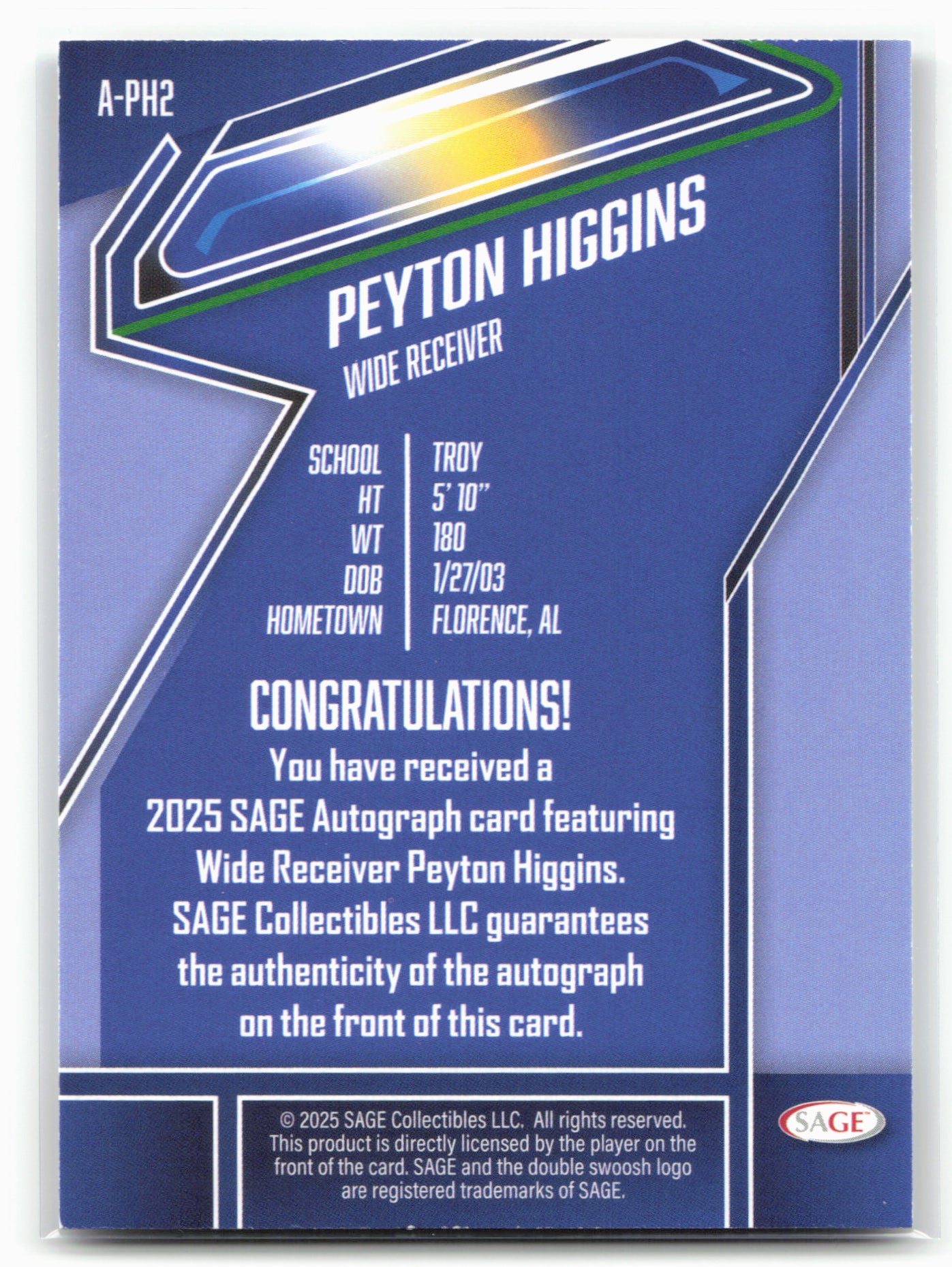 2026 SAGE #A-PH2 Payton Higgins Red Autographs