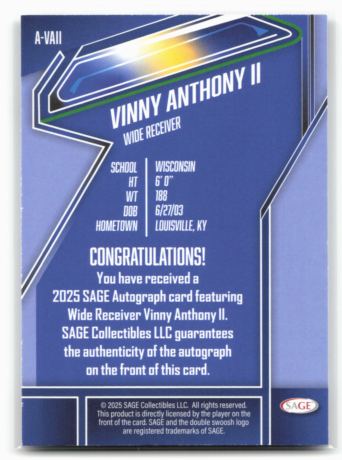 2026 SAGE #A-VAII Vinny Anthony II Autographs Red