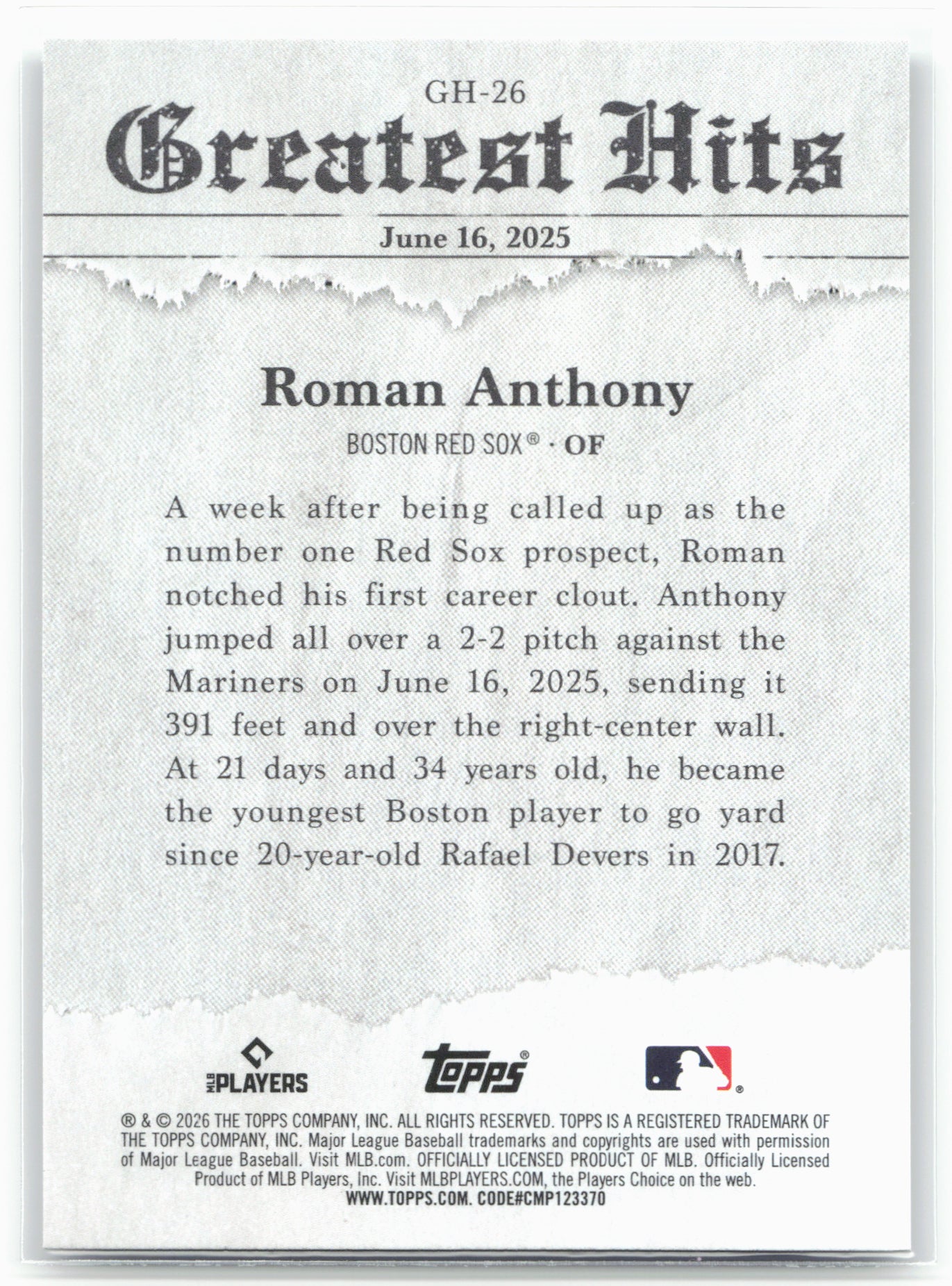 2026 Topps #GH-26 Roman Anthony 2025 Greatest Hits
