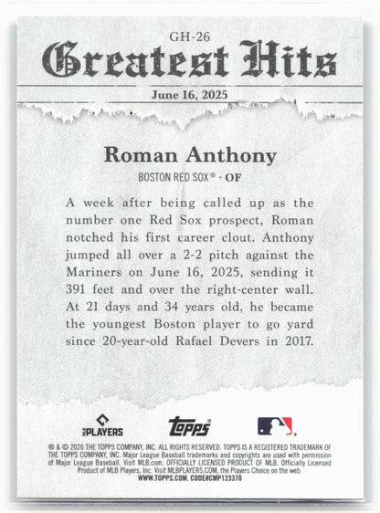 2026 Topps #GH-26 Roman Anthony 2025 Greatest Hits