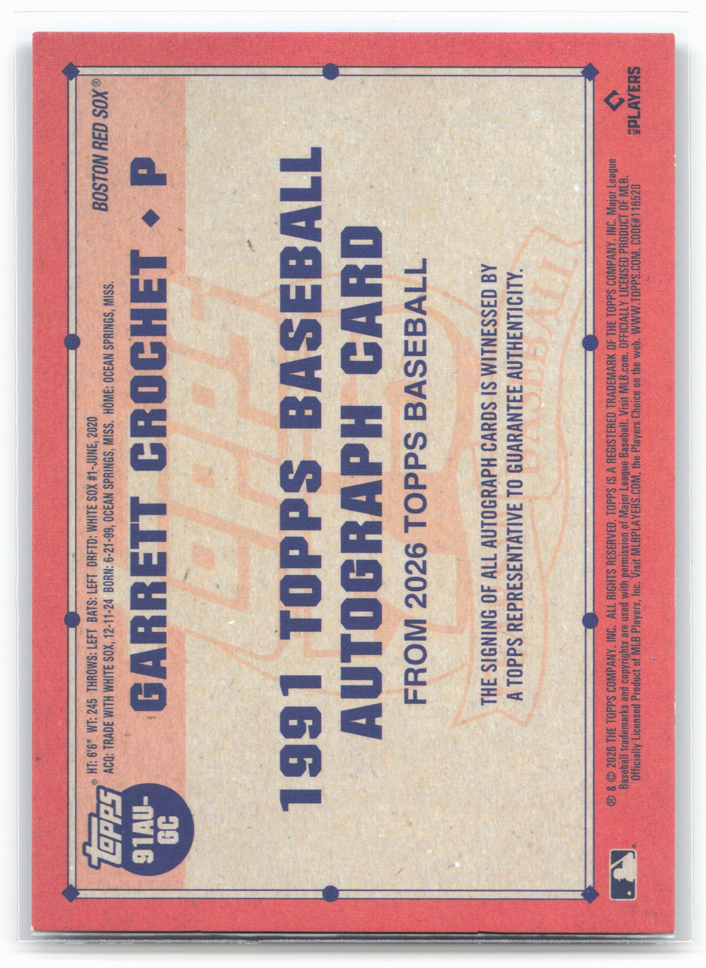 2026 Topps #91AU-GC Garrett Crochet 1991 35th Anniversary Autographs Blue  #/150