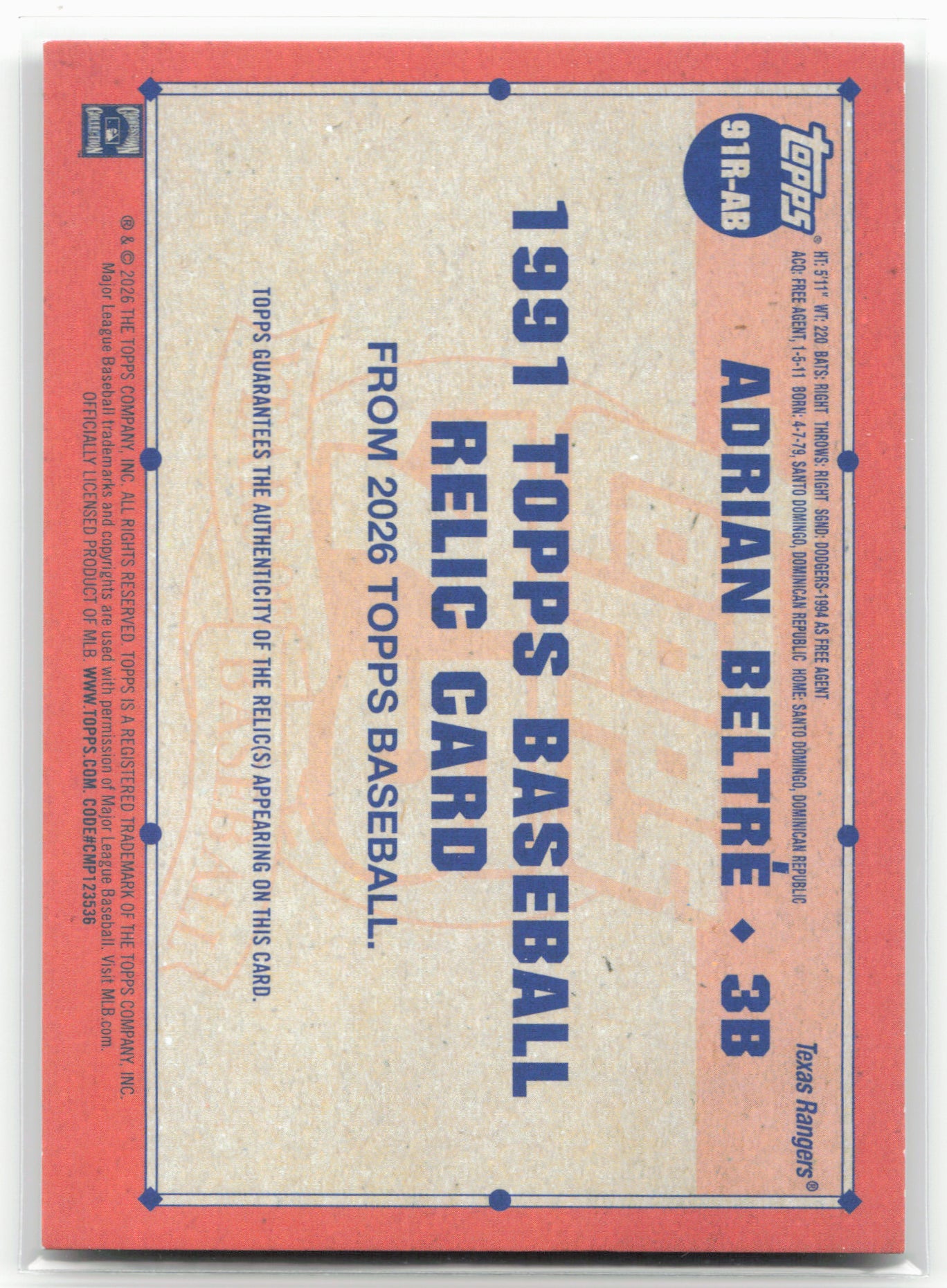 2026 Topps #91R-AB Adrian Beltré 1991 Topps Baseball 35th Relics Gold