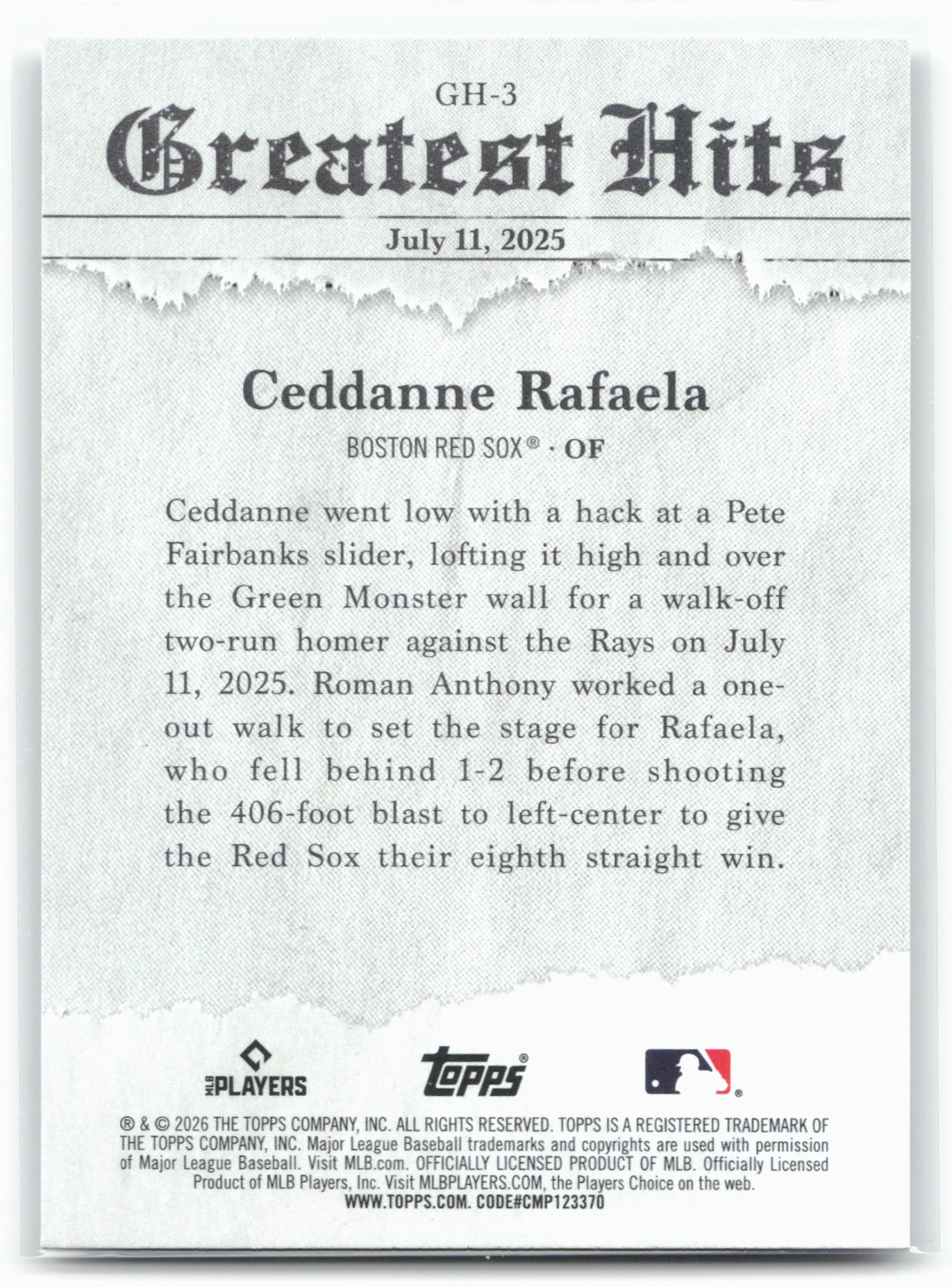 2026 Topps #GH-3 Ceddanne Rafaela 2025 Greatest Hits