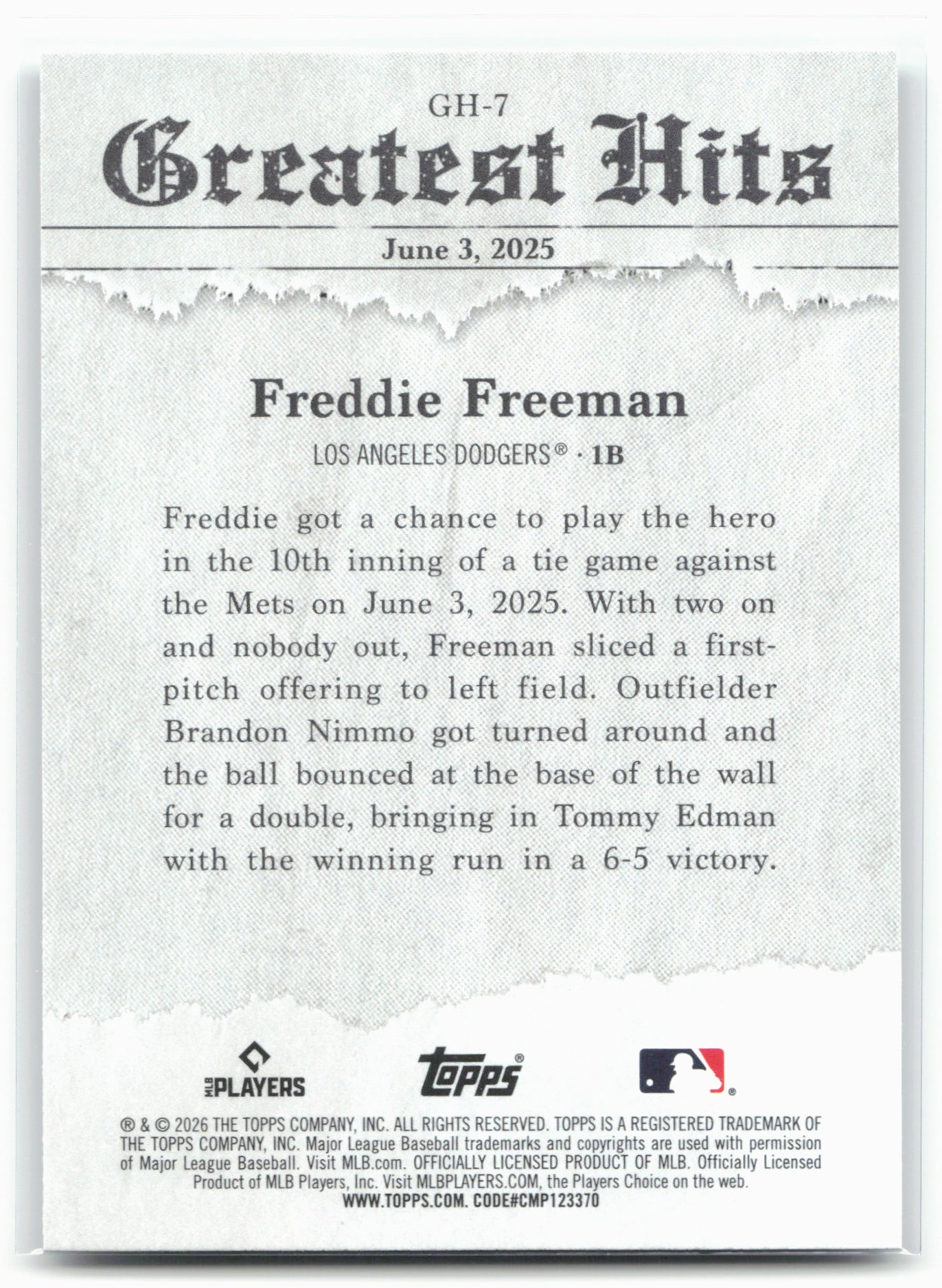 2026 Topps #GH-7 Freddie Freeman 2025 Greatest Hits 26618