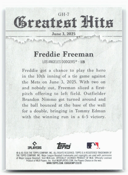2026 Topps #GH-7 Freddie Freeman 2025 Greatest Hits 26618