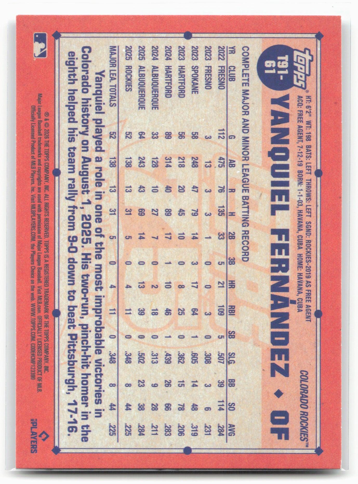 2026 Topps #T91-61 Yanquiel Fernandez 1991 Topps Baseball 35th Anniversary