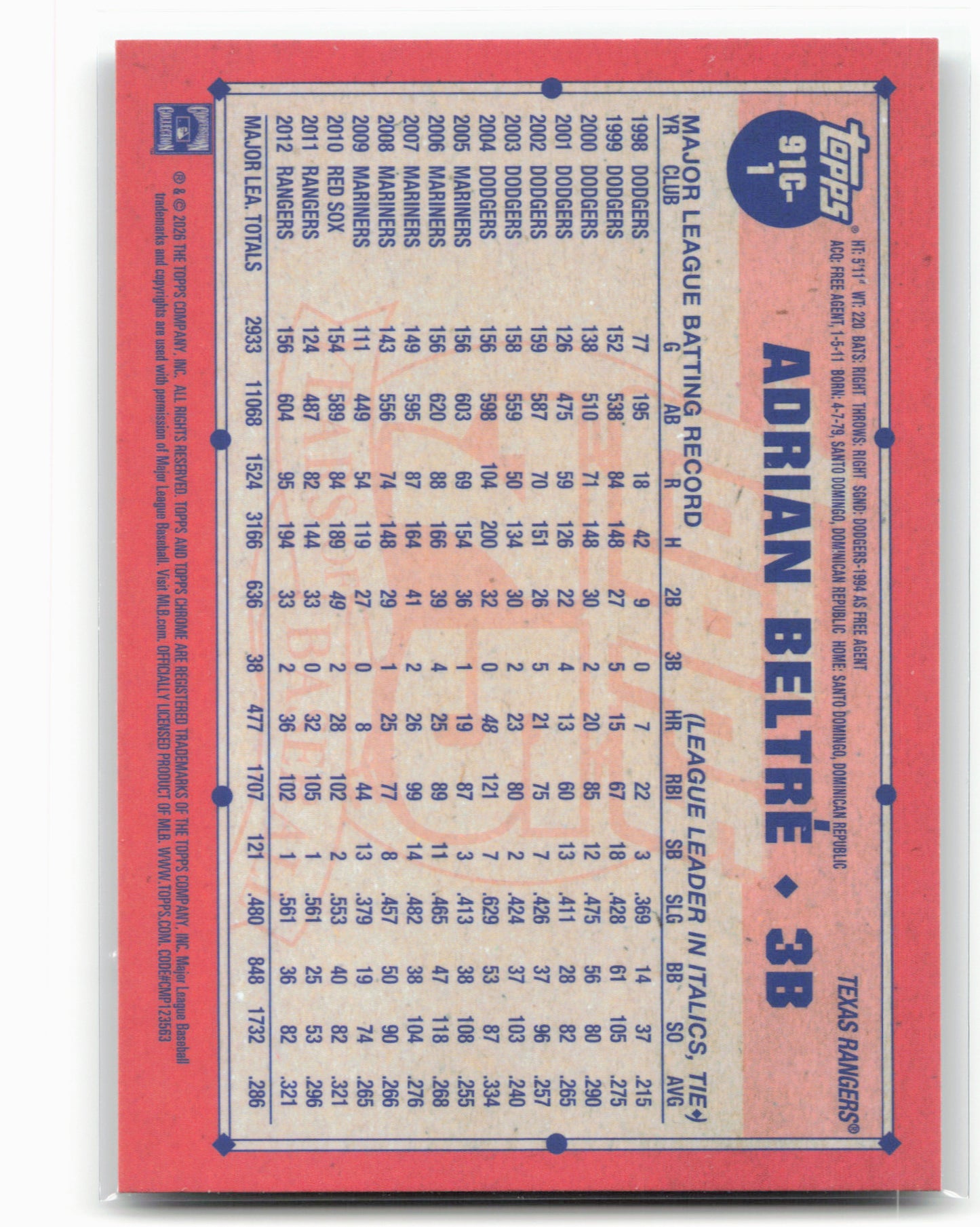 2026 Topps #91C-1 Adrian Beltré 1991 Topps Baseball 35th Anniversary Chrome