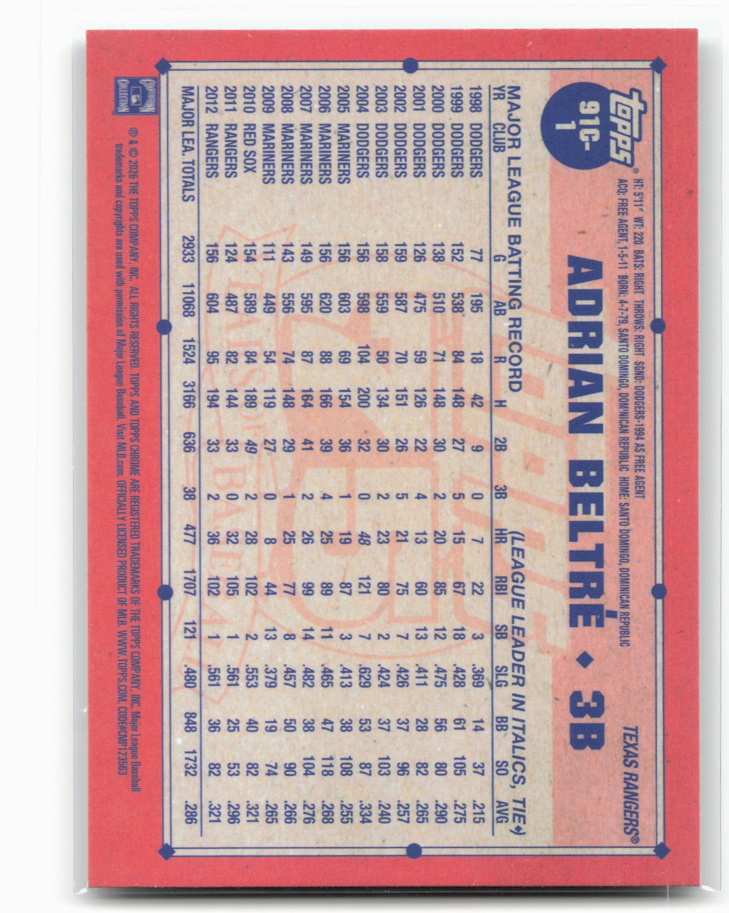 2026 Topps #91C-1 Adrian Beltré 1991 Topps Baseball 35th Anniversary Chrome