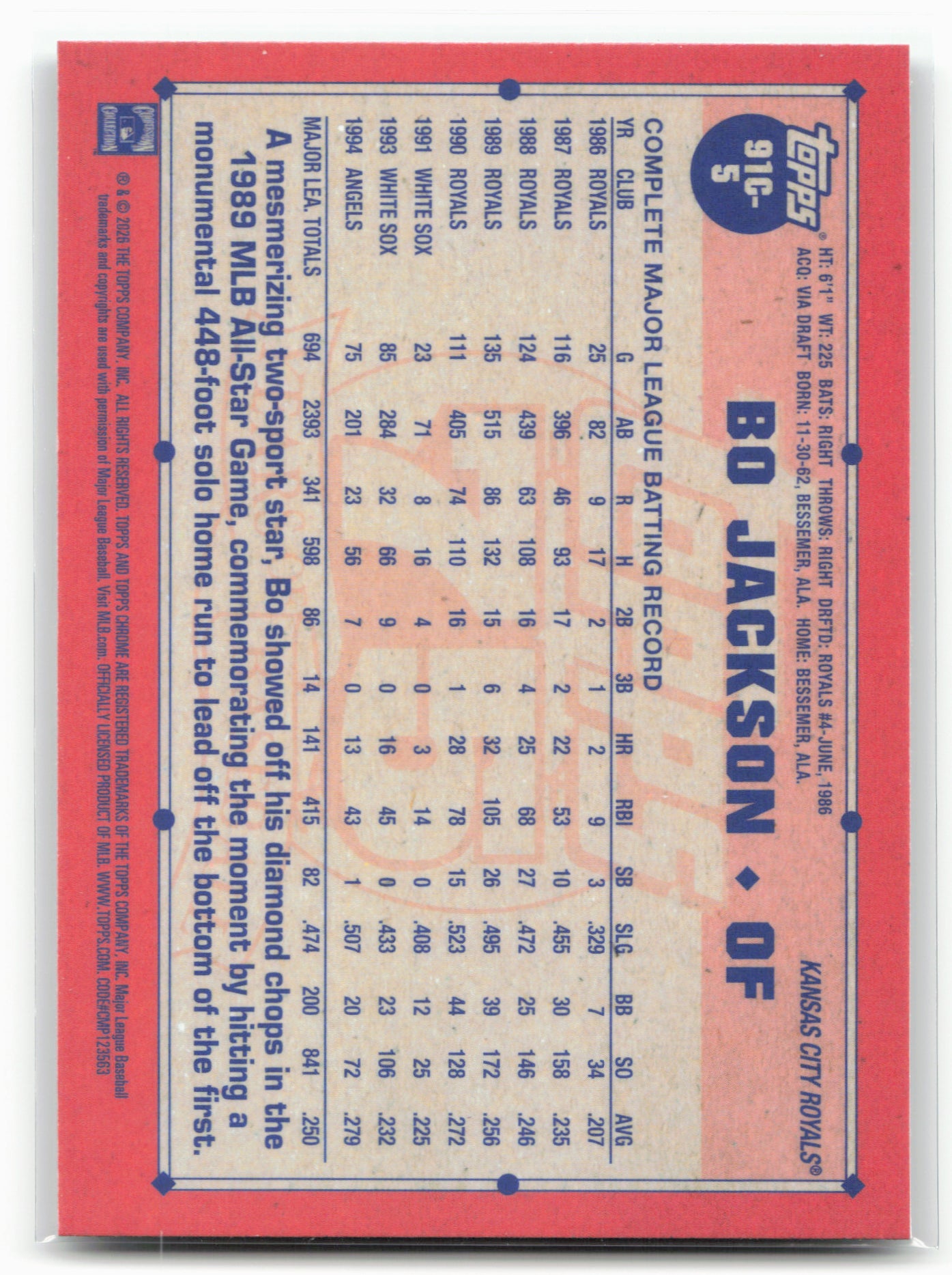 2026 Topps #91C-5 Bo Jackson 1991 Topps Baseball 35th Anniversary Chrome