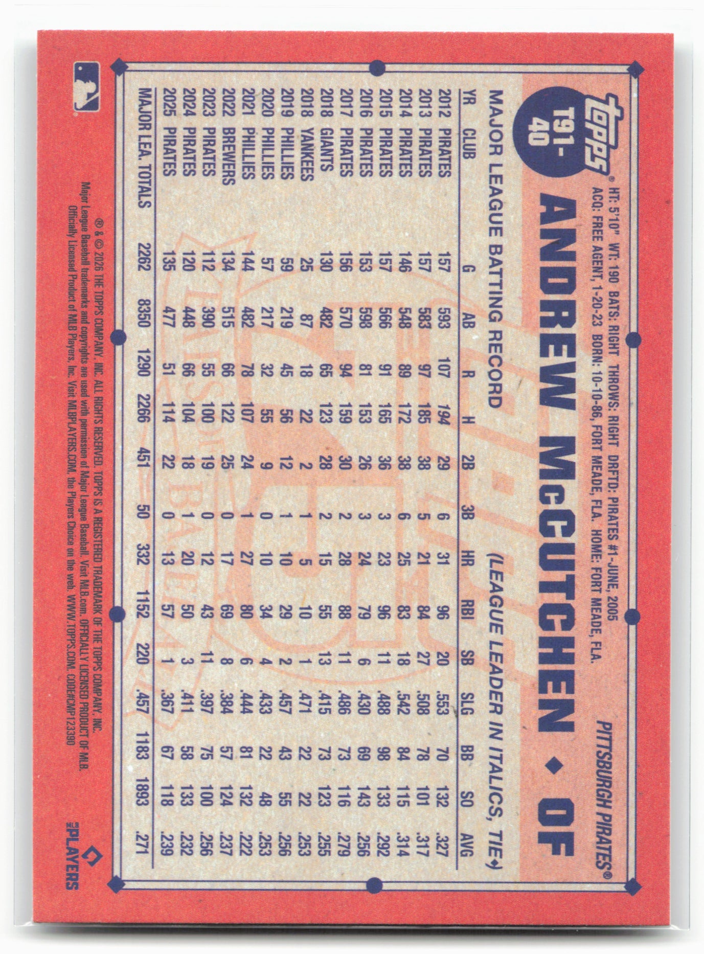 2026 Topps #T91-40 Andrew McCutchen 1991 Topps Baseball 35th Anniversary
