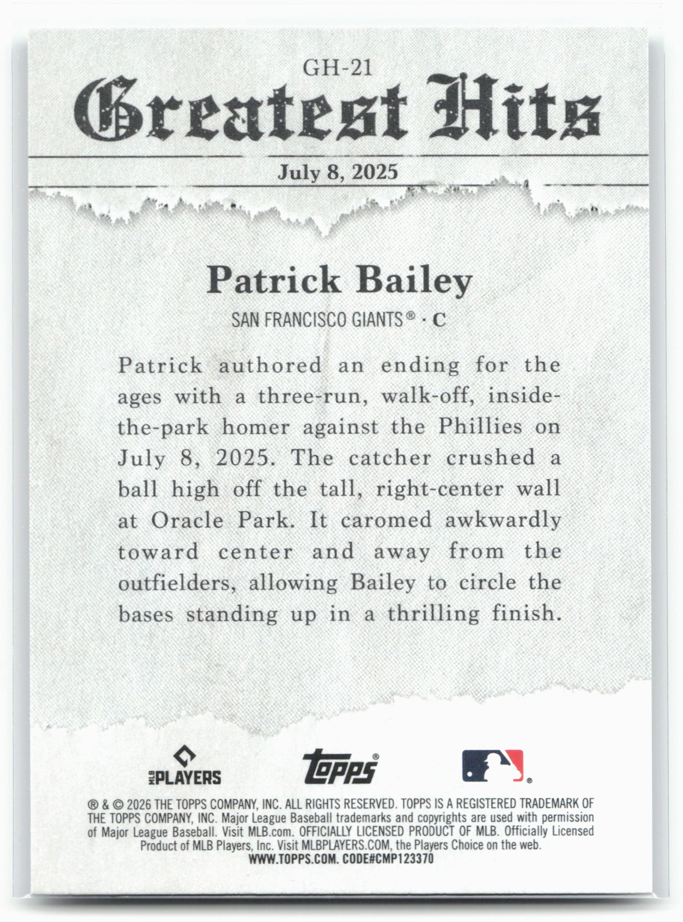 2026 Topps #GH-21 Patrick Bailey 2025 Greatest Hits