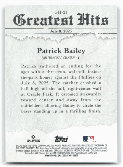 2026 Topps #GH-21 Patrick Bailey 2025 Greatest Hits