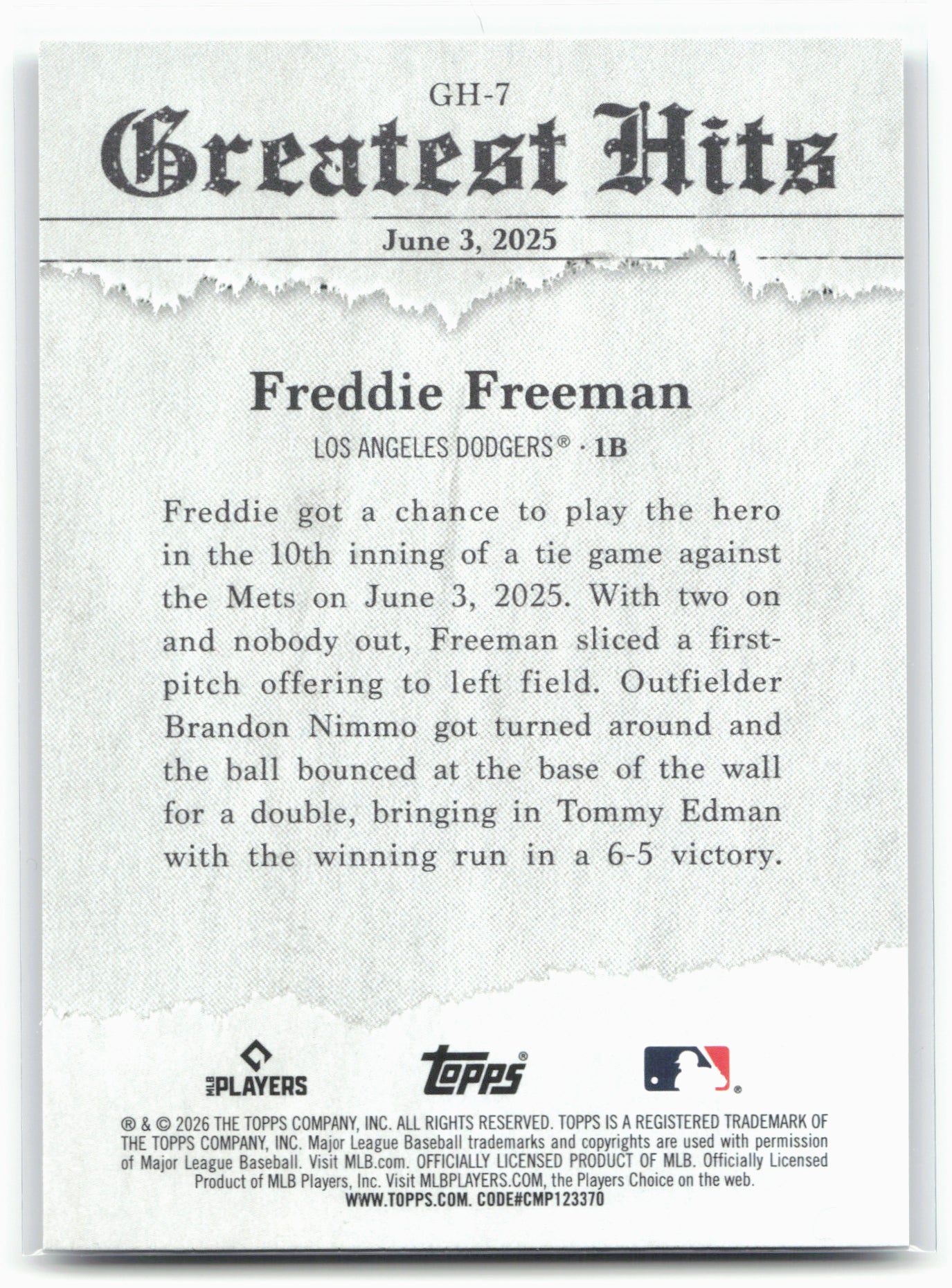 2026 Topps #GH-7 Freddie Freeman 2025 Greatest Hits