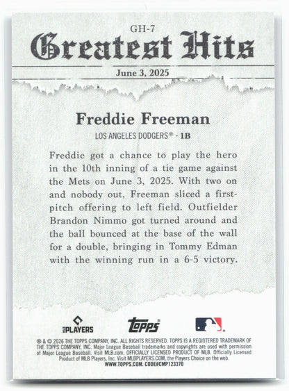 2026 Topps #GH-7 Freddie Freeman 2025 Greatest Hits