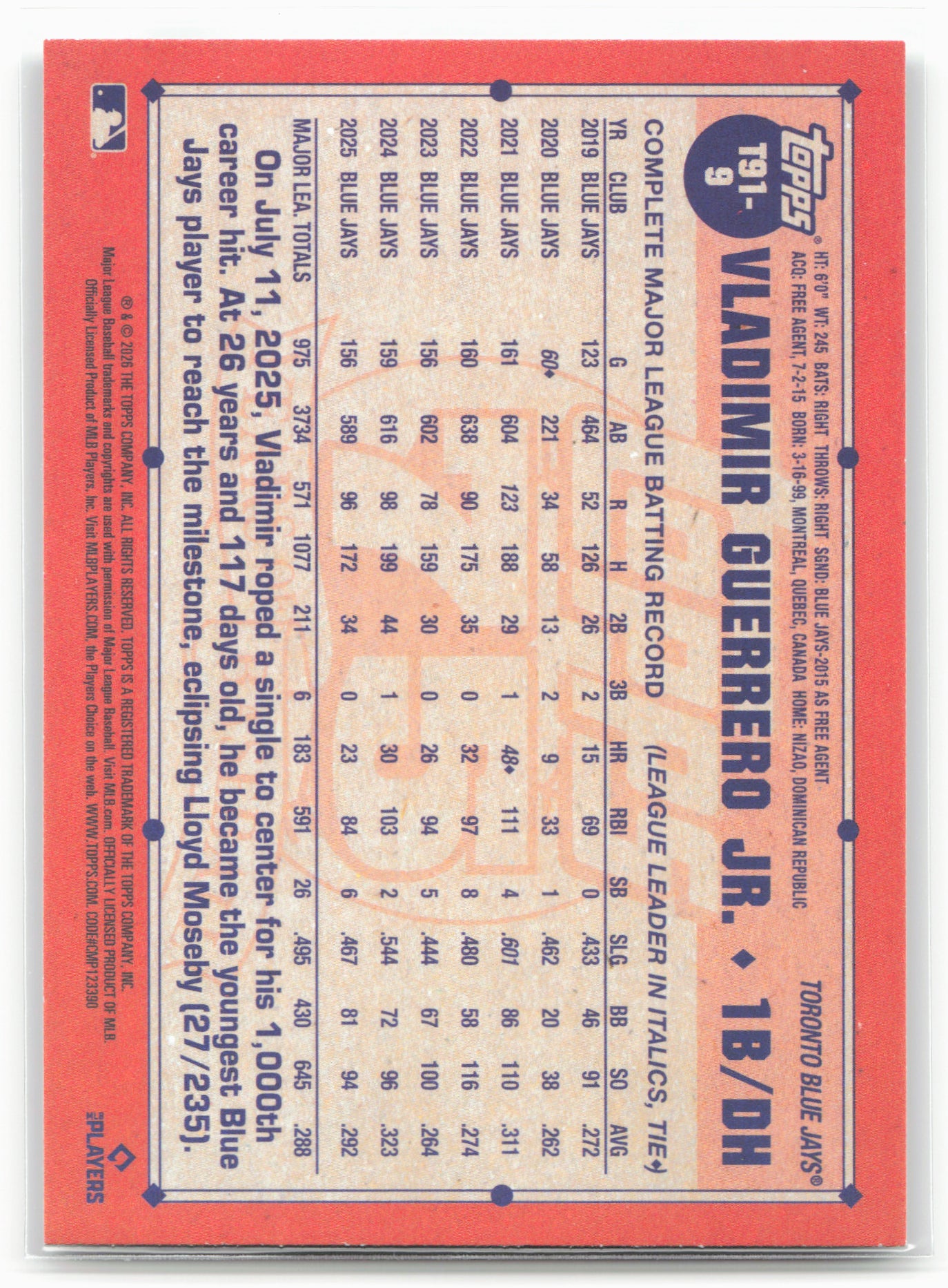2026 Topps #T91-9 Vladimir Guerrero Jr. 1991 Topps Baseball 35th Anniversary
