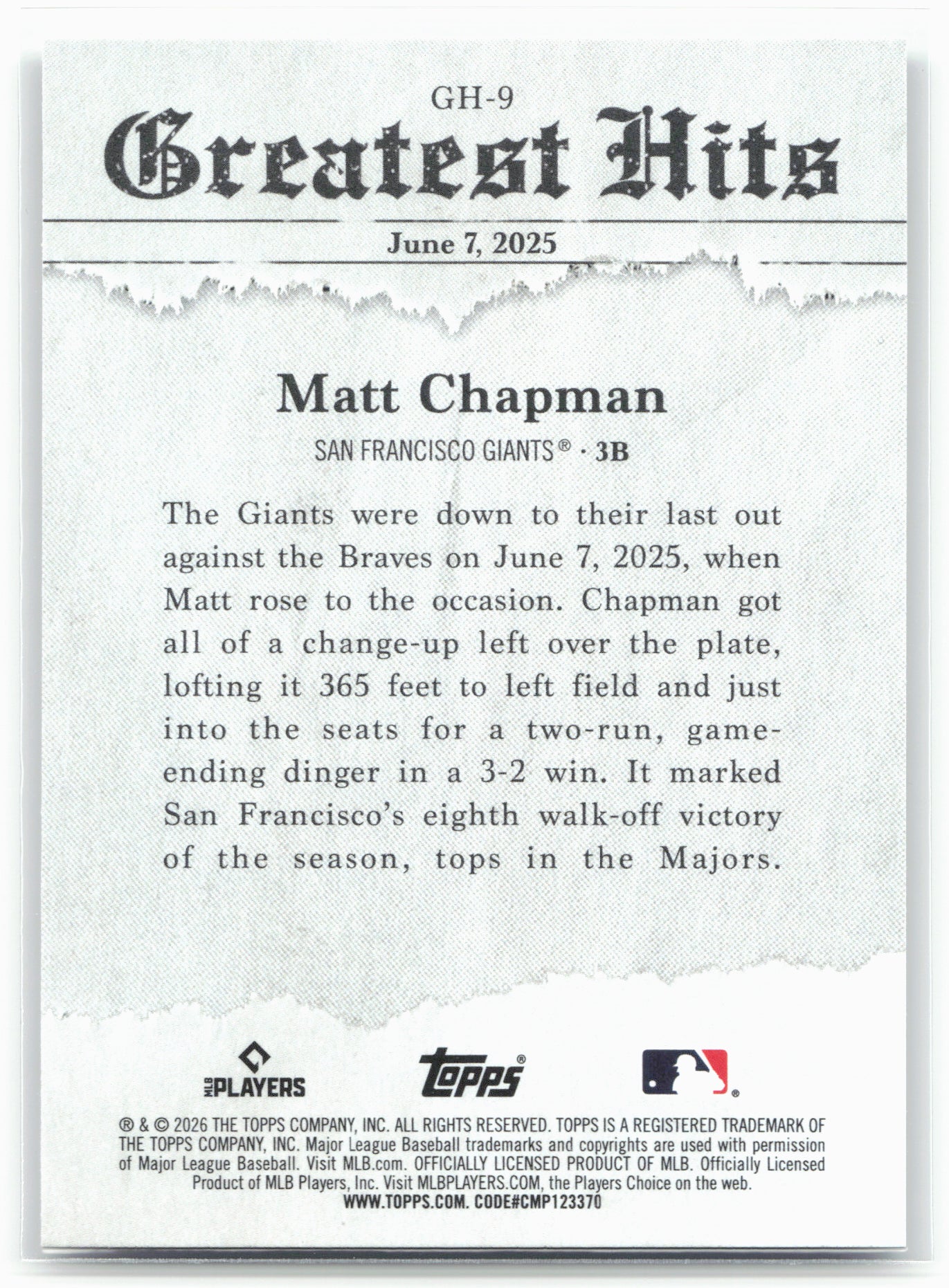 2026 Topps #GH-9 Matt Chapman 2025 Greatest Hits