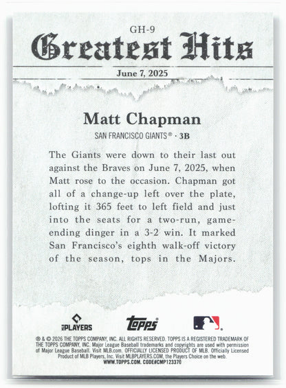 2026 Topps #GH-9 Matt Chapman 2025 Greatest Hits