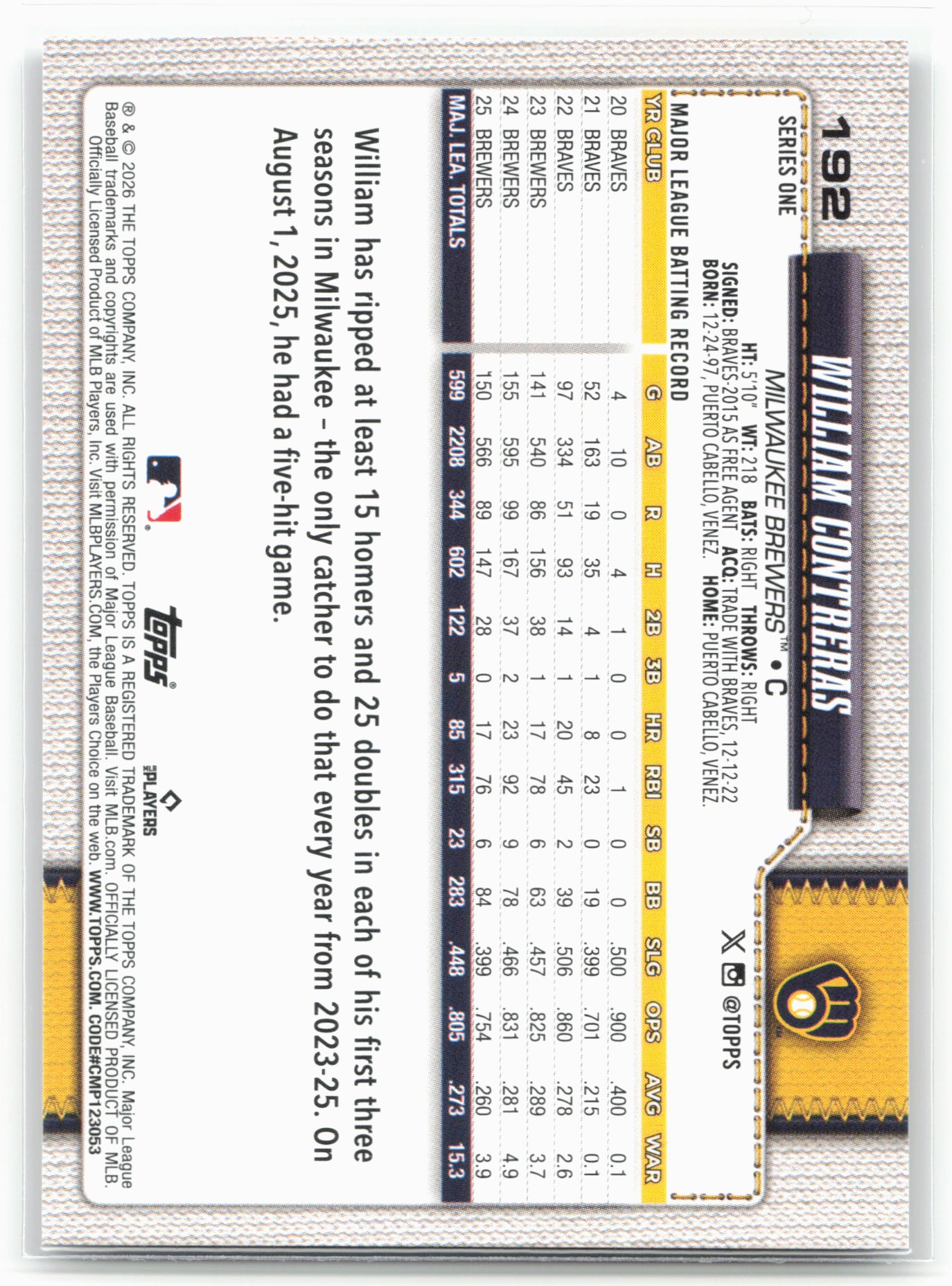 2026 Topps #192 William Contreras Spring Training