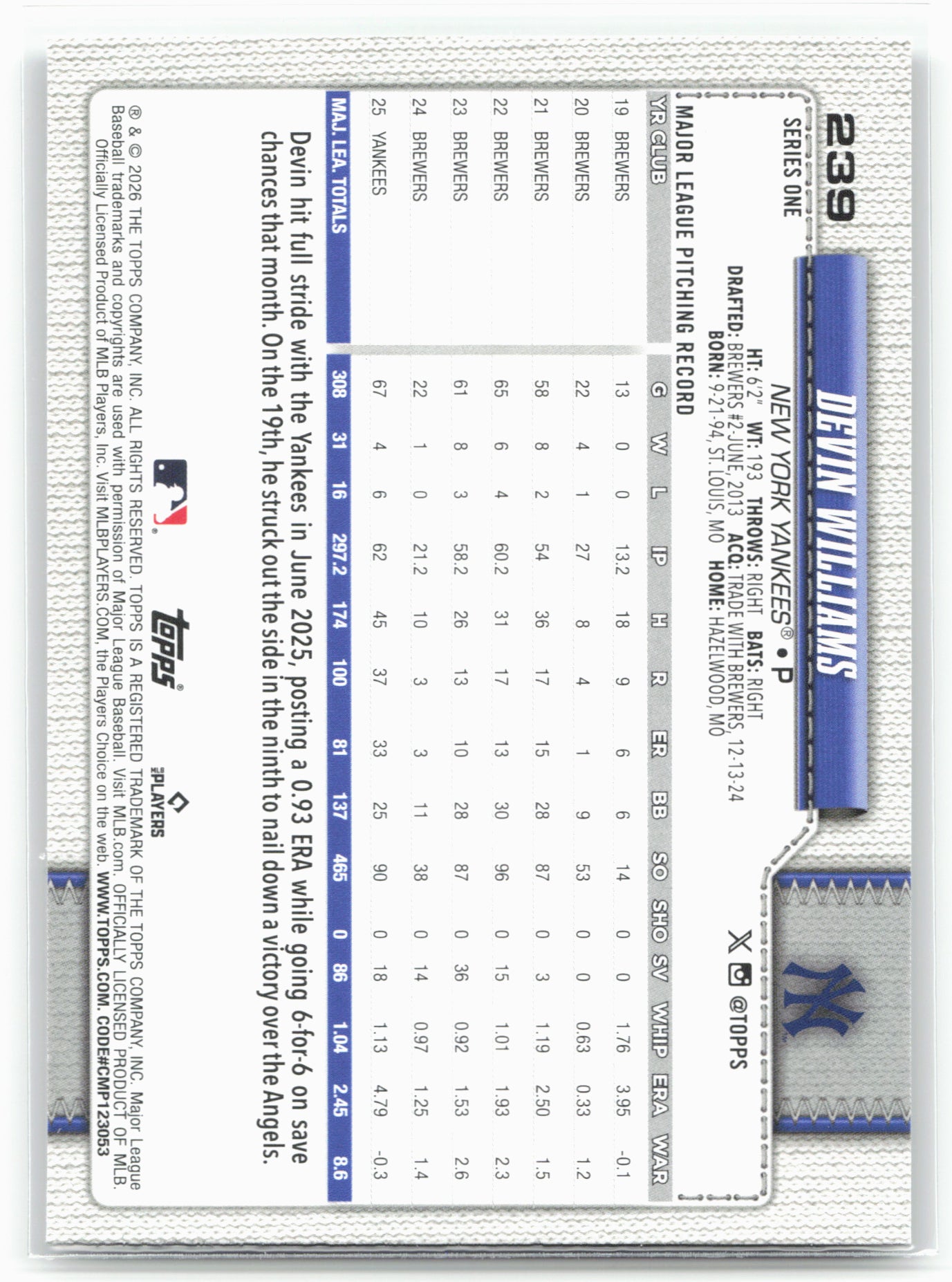2026 Topps #239 Devin Williams Diamante Foil