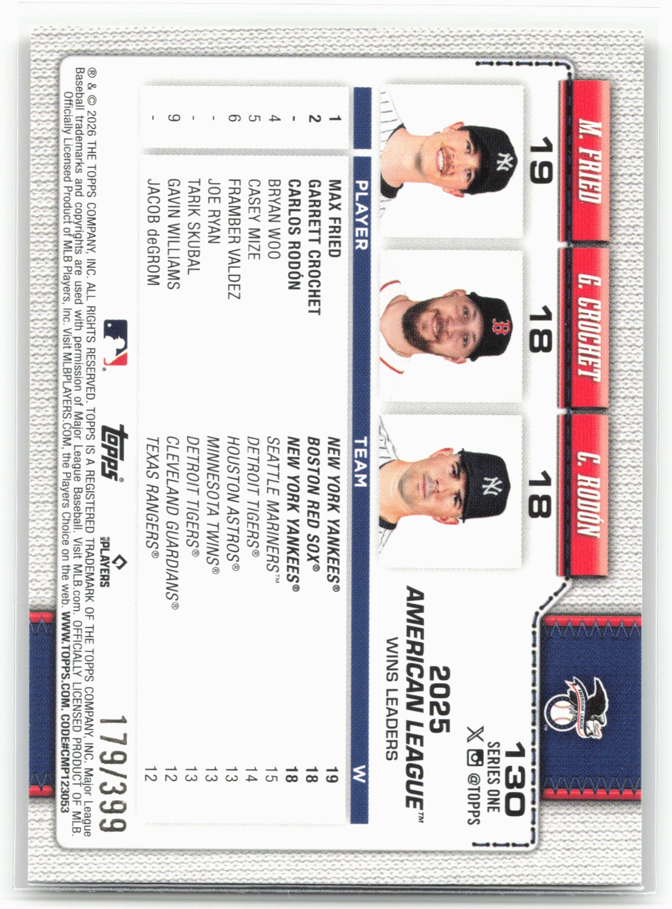 2026 Topps #130 American League Leaders WINS Yellow Holo Foil #/399