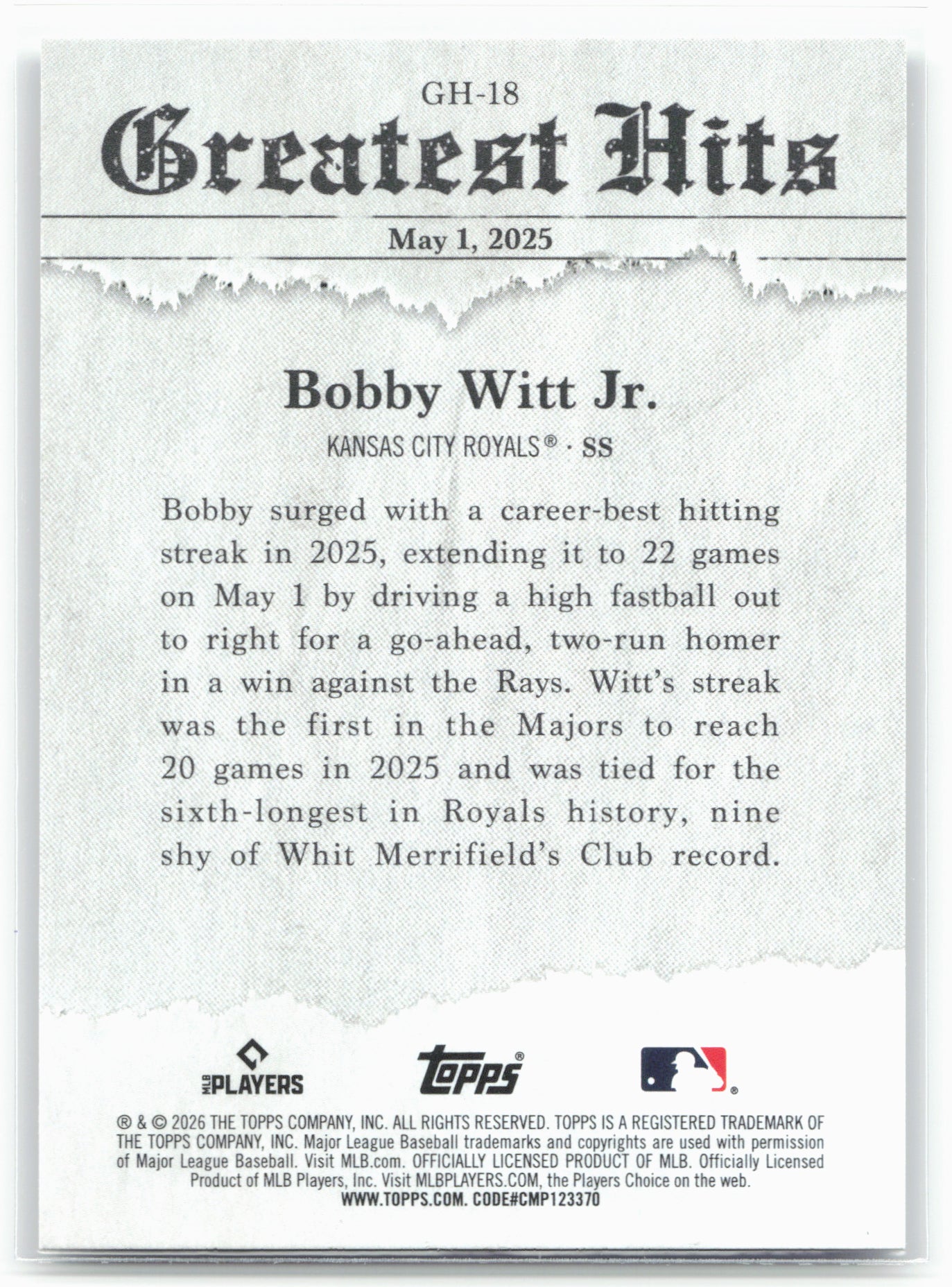 2026 Topps #GH-18 Bobby Witt Jr. 2025 Greatest Hits