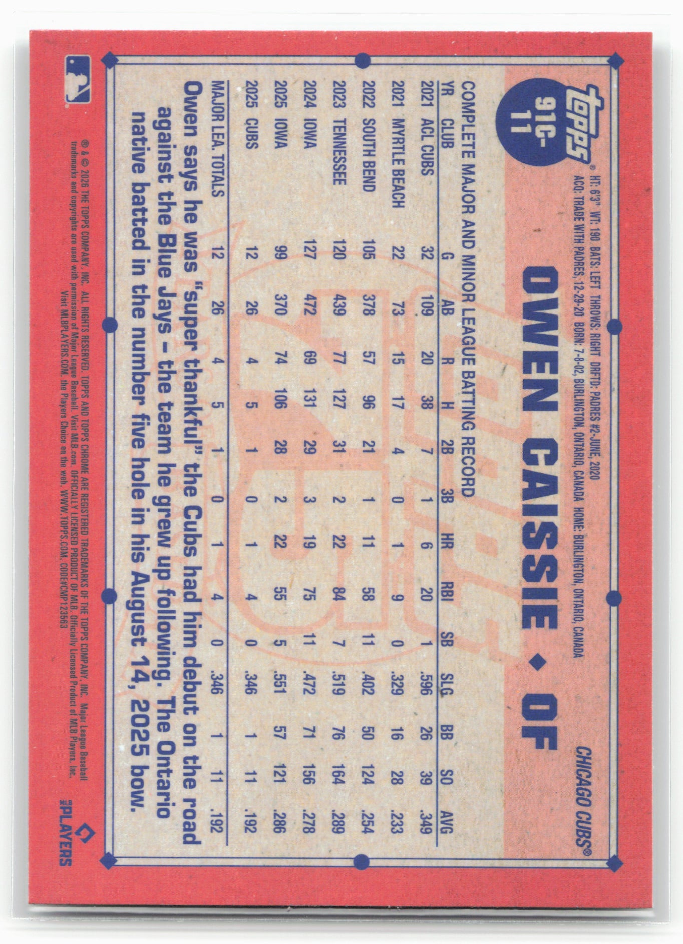 2026 Topps #91C-11 Owen Caissie 1991 Topps Baseball 35th Anniversary Chrome
