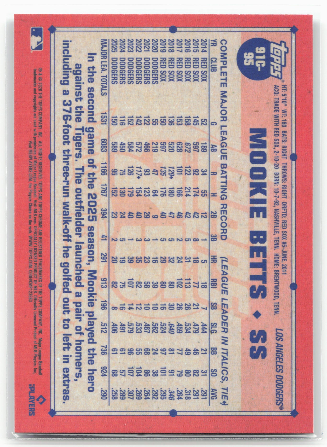 2026 Topps #91C-95 Mookie Betts 1991 Topps Baseball 35th Anniversary Chrome