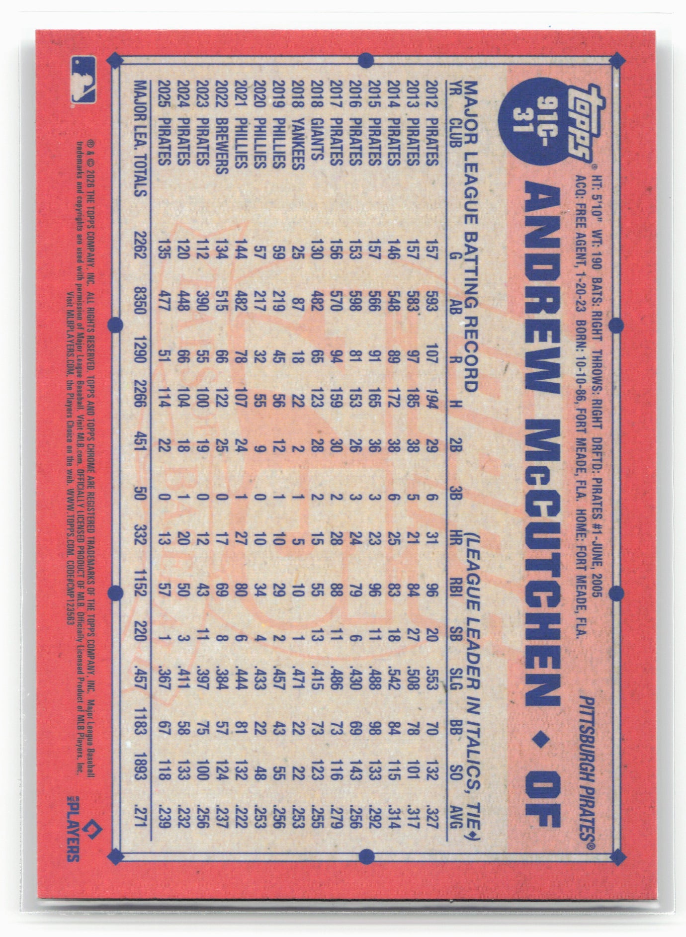 2026 Topps #91C-31 Andrew McCutchen 1991 Topps Baseball 35th Anniversary Chrome