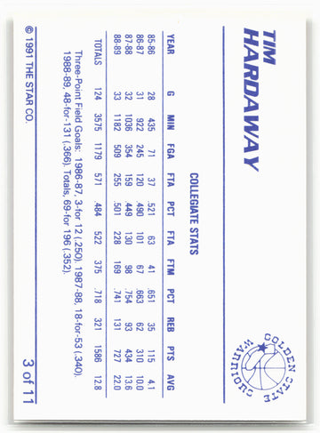 1990-91 Star Tim Hardaway #3 Tim Hardaway - Collegiate Stats