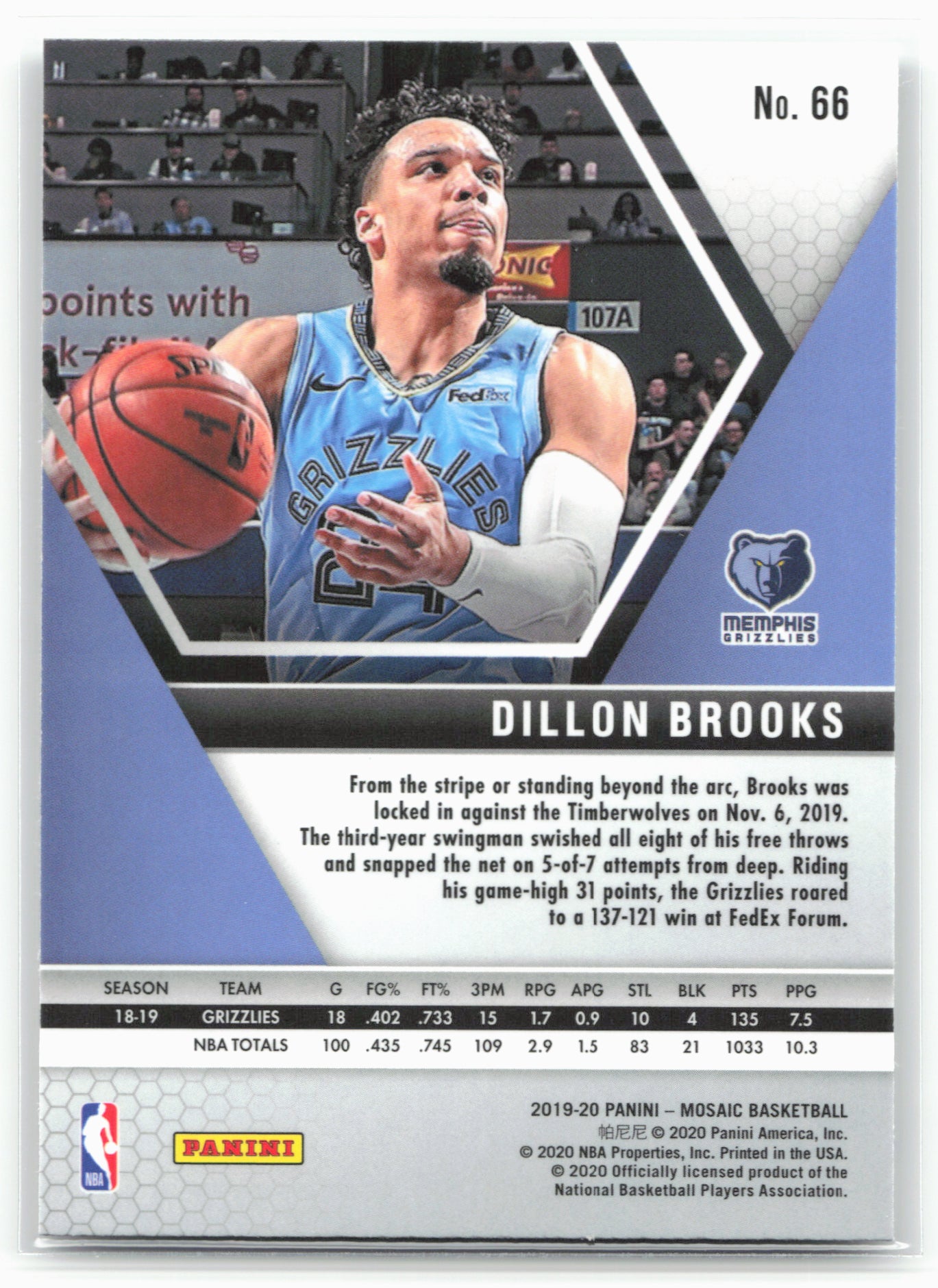 2019-20 Panini Mosaic #66 Dillon Brooks 26713