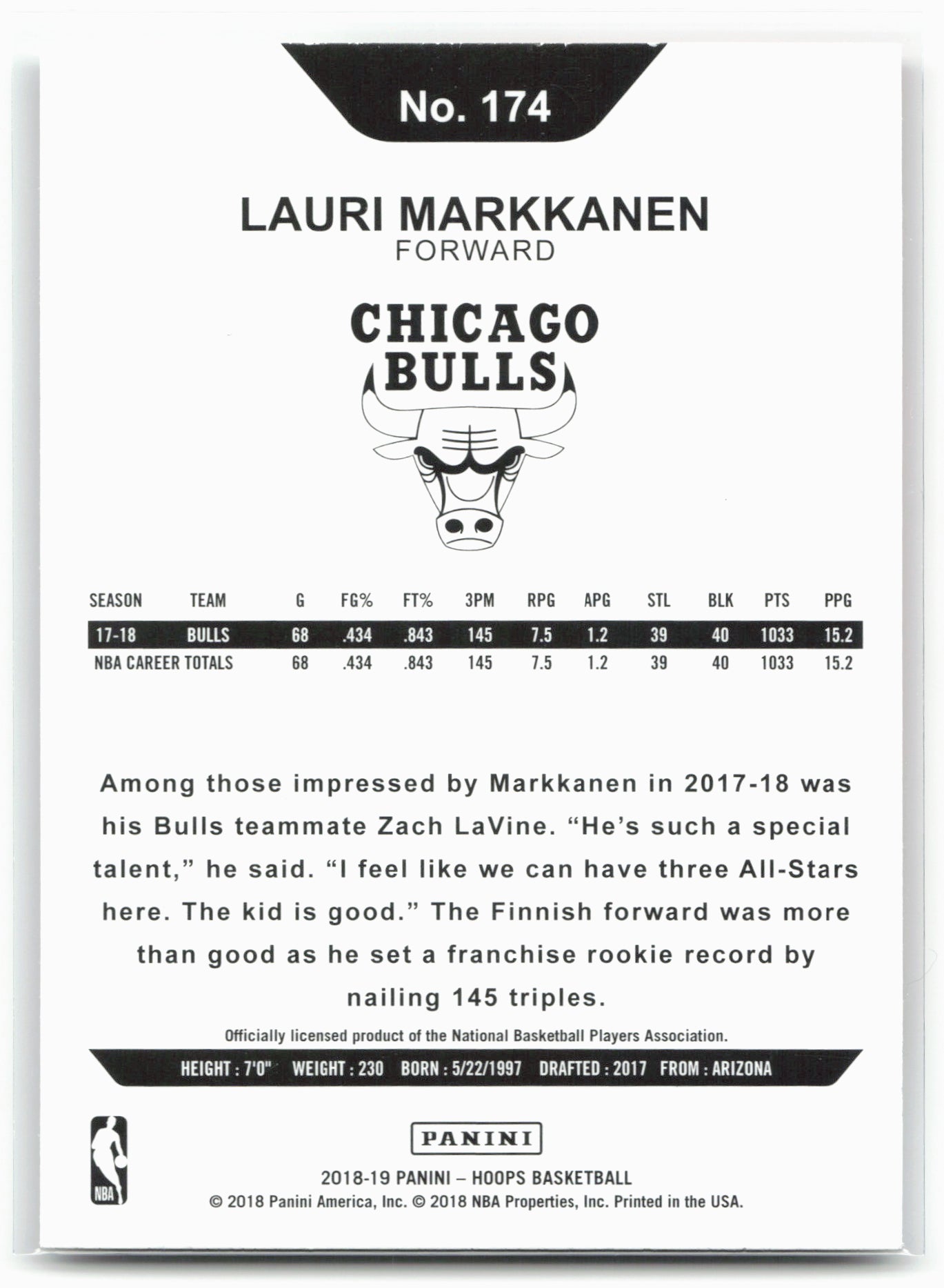 2018-19 Hoops #174 Lauri Markkanen 26720