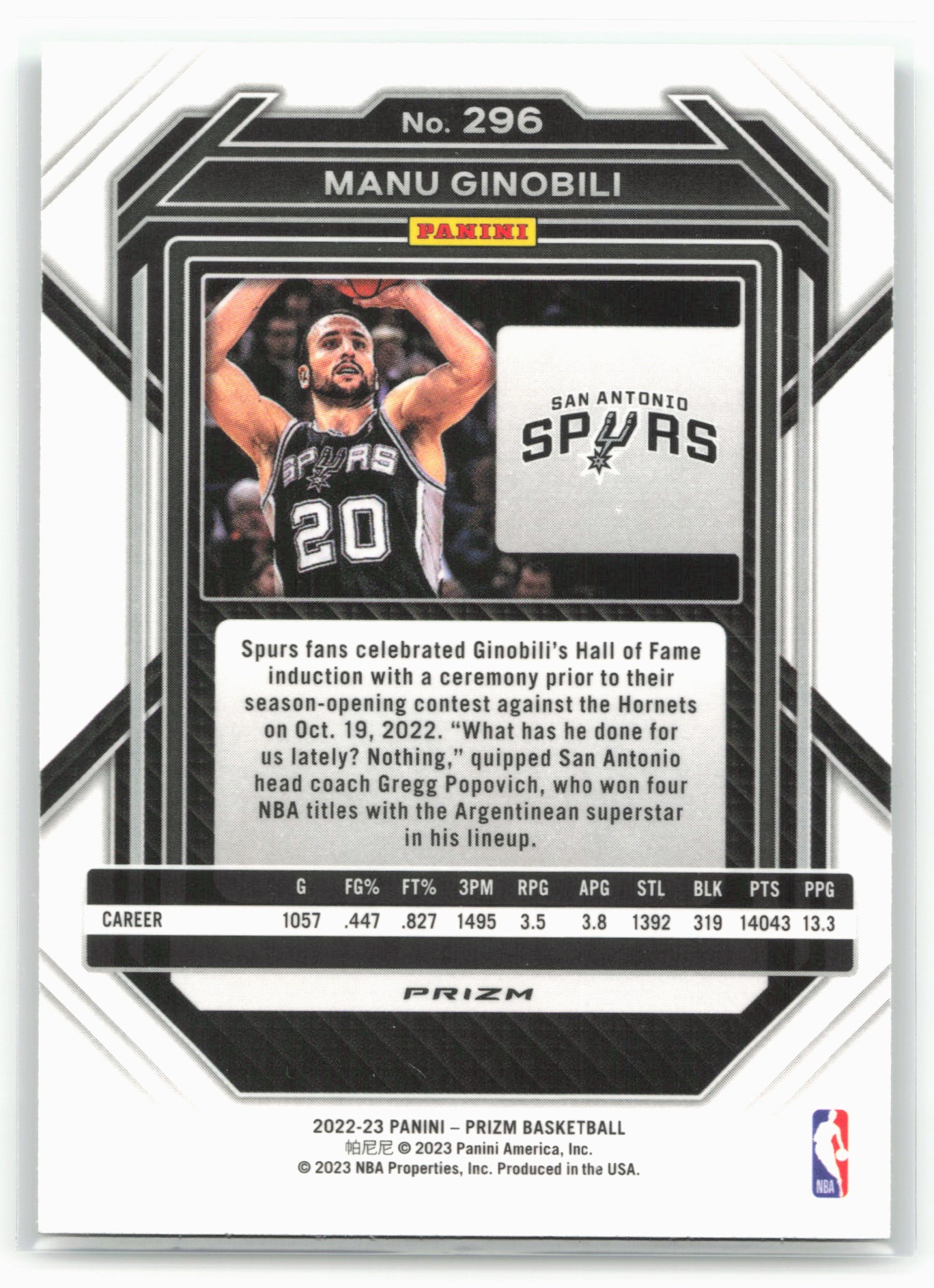 2022-23 Panini Prizm #296 Manu Ginobili Prizms Green 26730